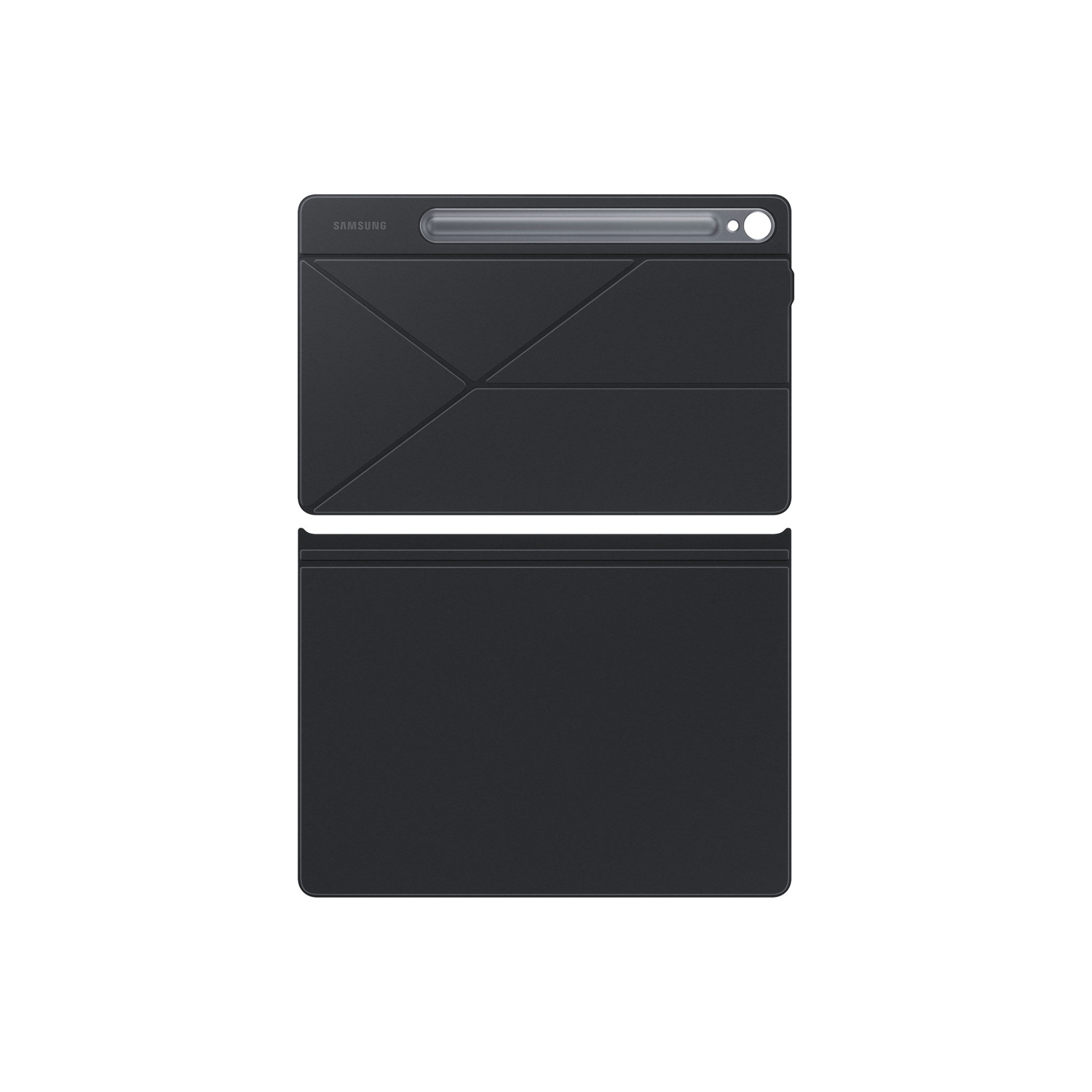 A black tablet cover with two parts. The top one folded into a triangle.