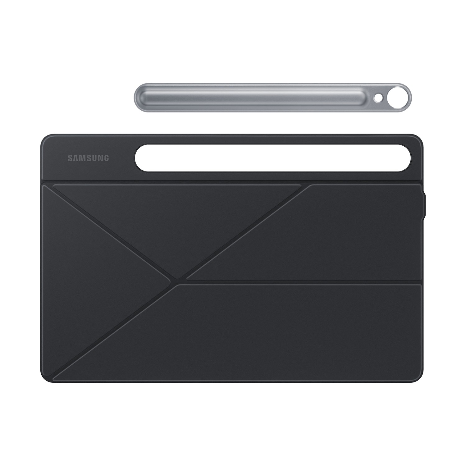 Black tablet case with a silver pen. Samsung logo on the case. The pen is on top.