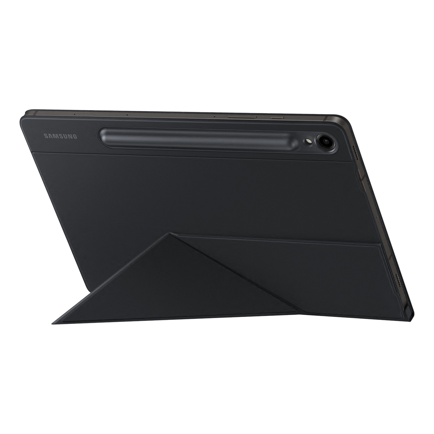 A black tablet with a black case, angled view, white background.