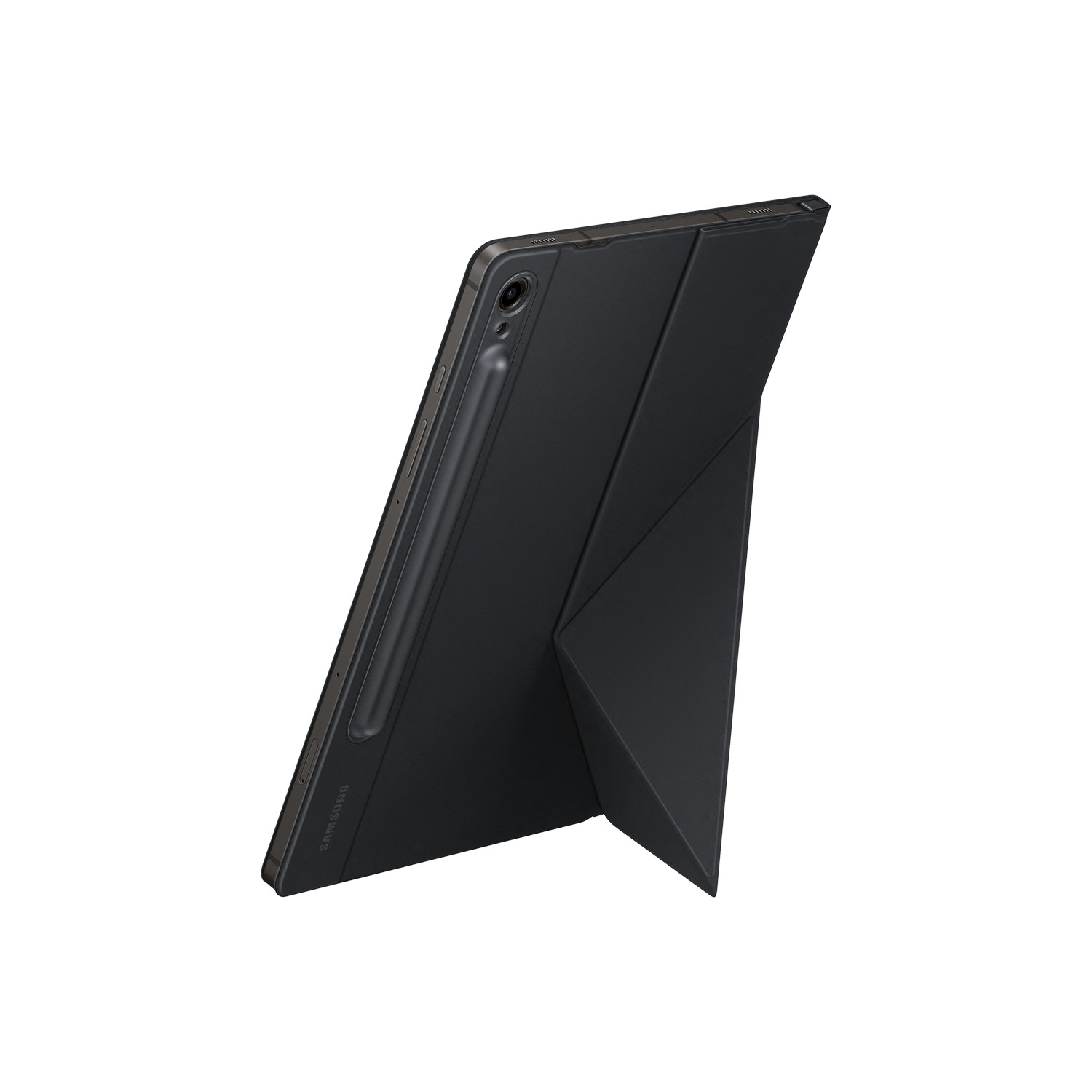 A black tablet with a black cover that is folded to stand the tablet up.