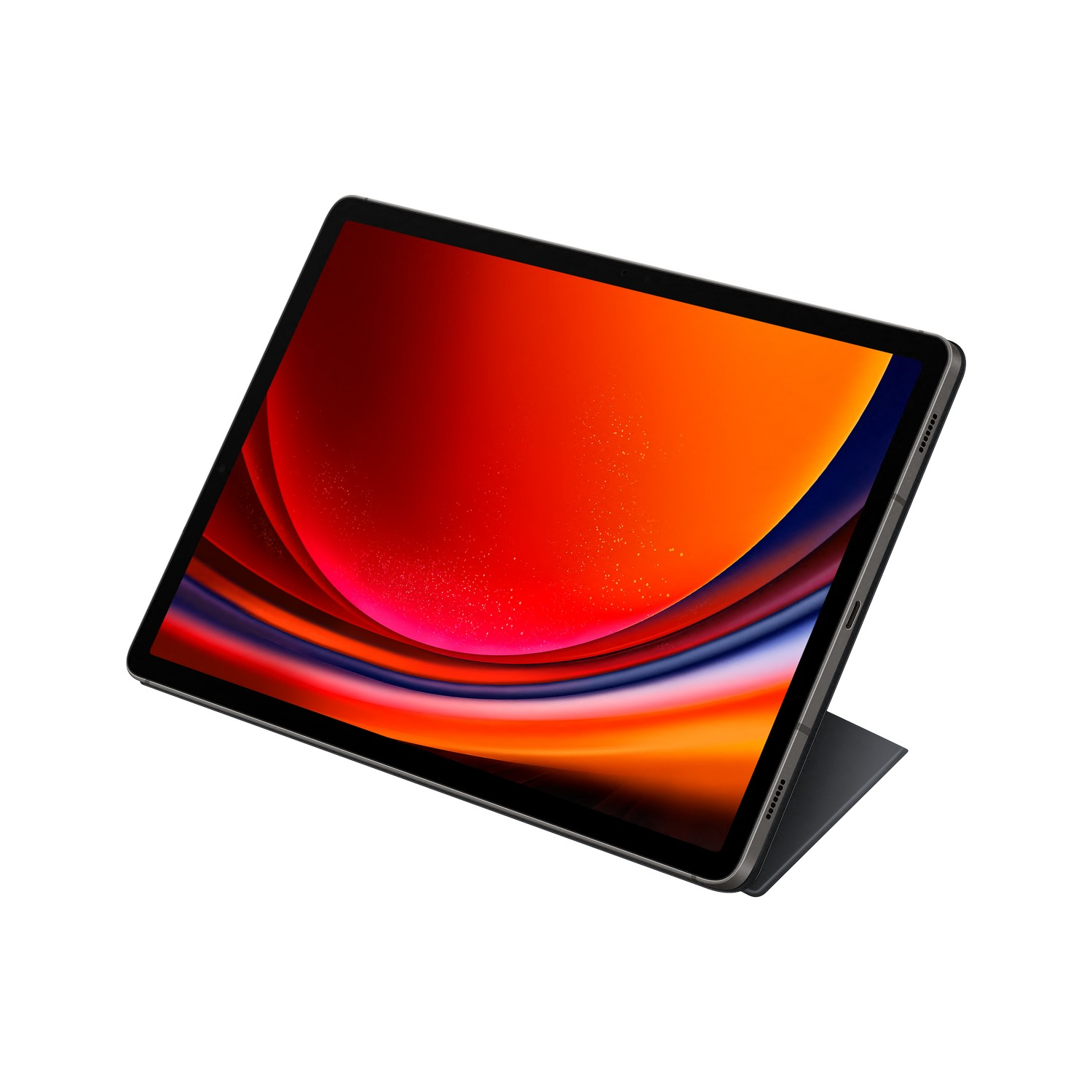 Tablet with red and orange screen. The tablet is on a stand, black case.