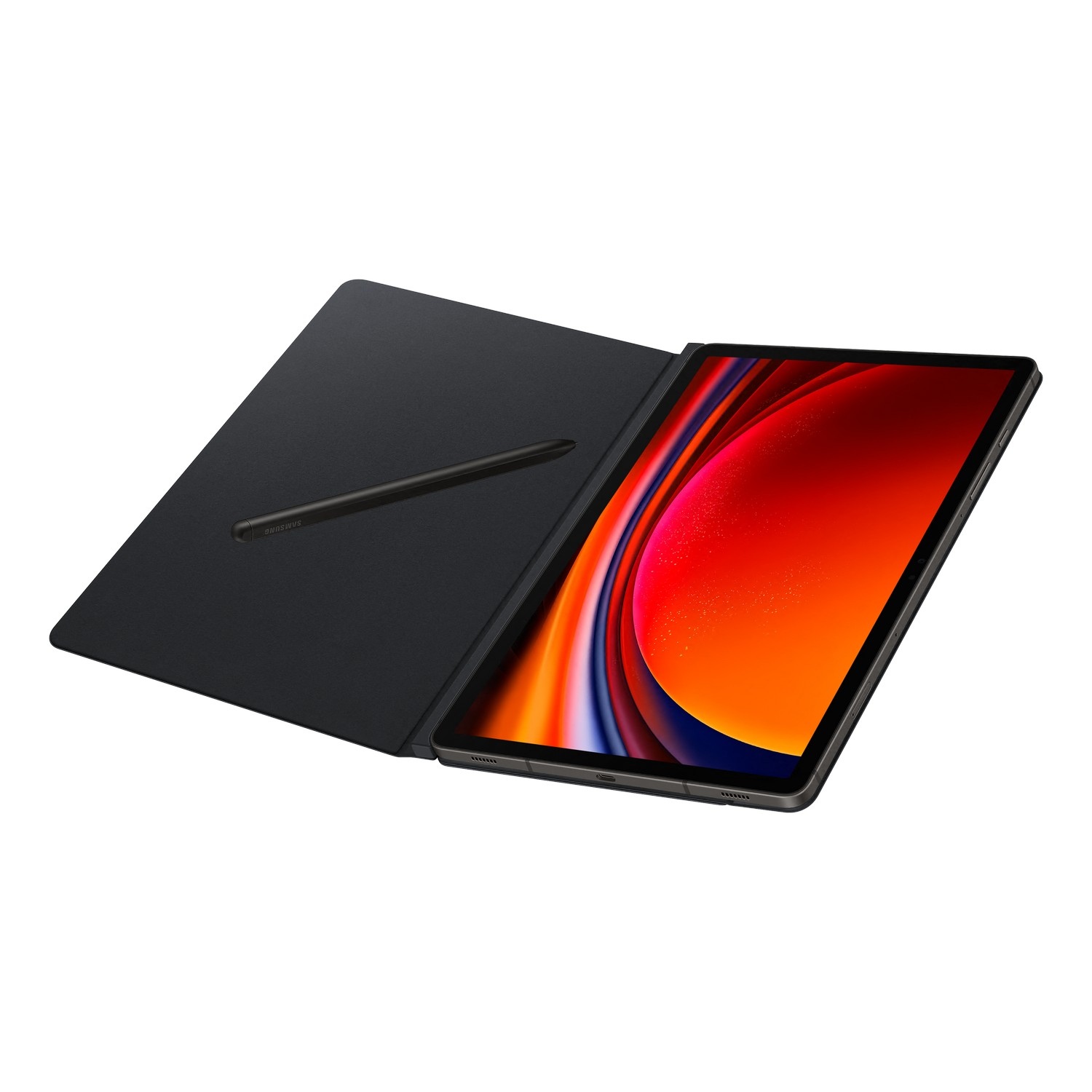 Tablet with black cover and stylus. The screen shows a colorful display. White background.