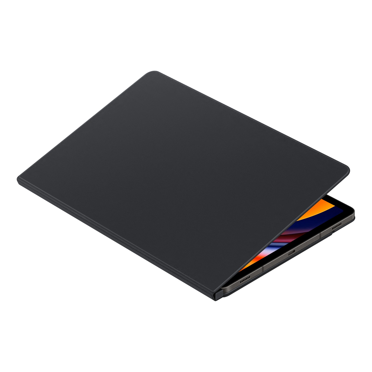 Black tablet with a cover, partially open, showing the screen.