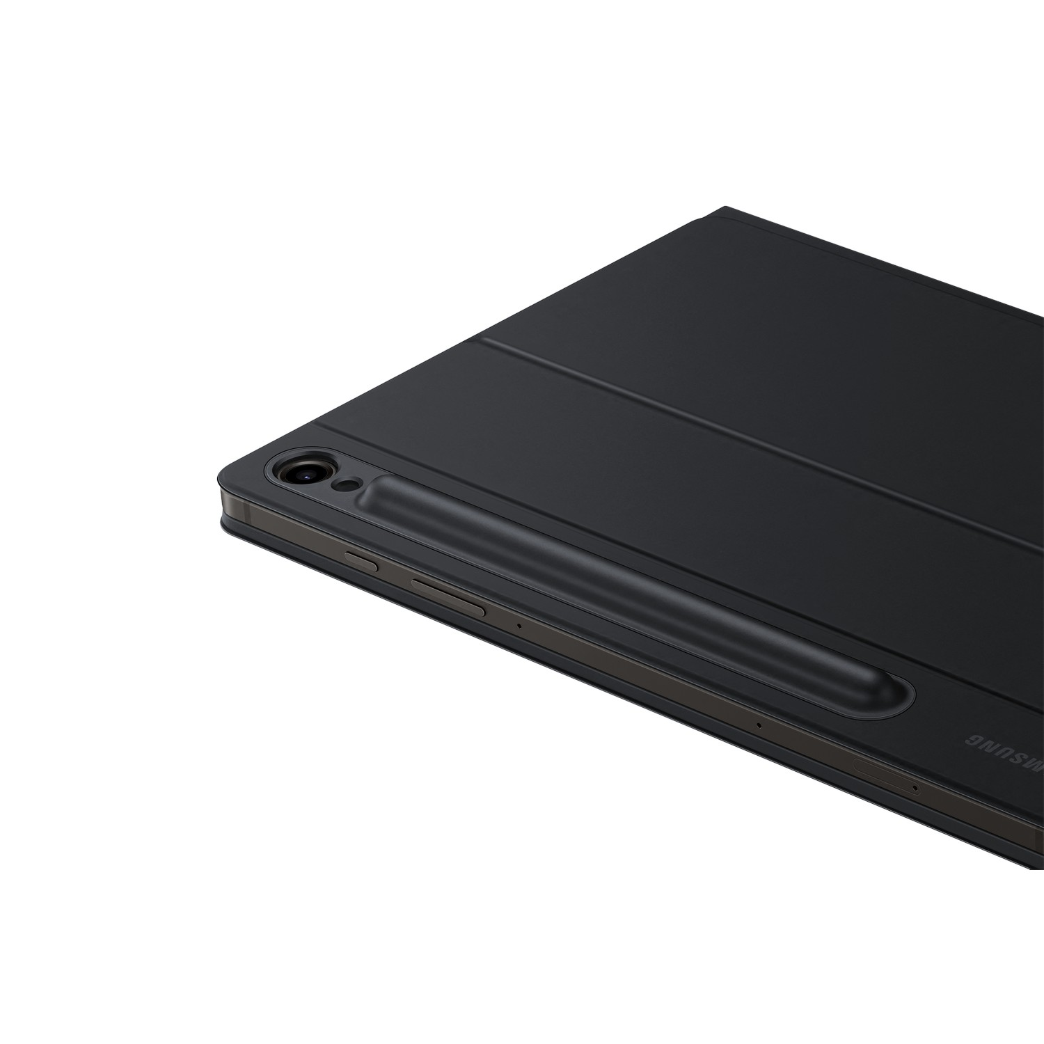 Black tablet with a stylus on a white background. The tablet is in a protective case.