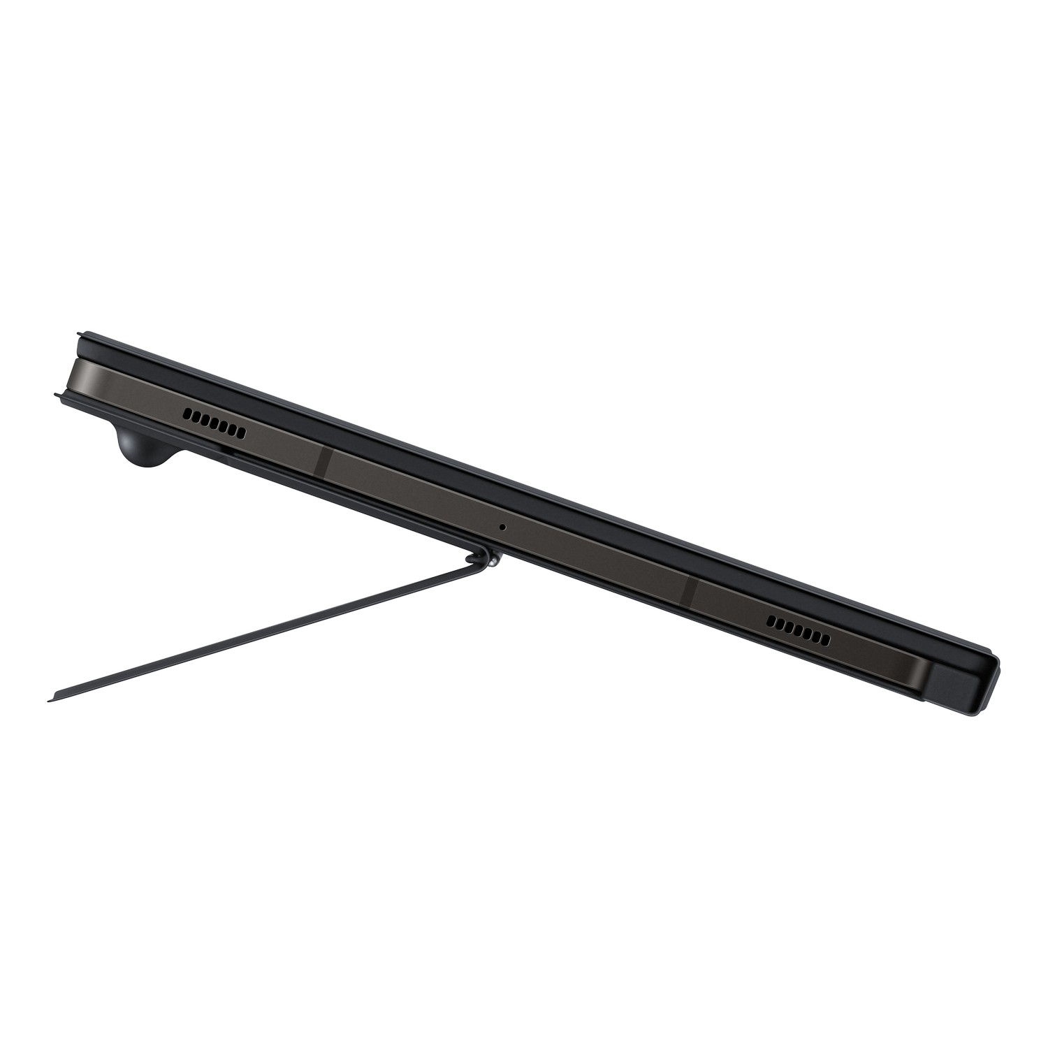 Black tablet on a white background, with a kickstand extended.