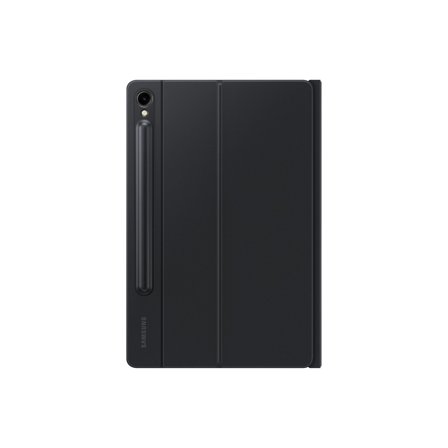 Black tablet with a cover and pen attached.