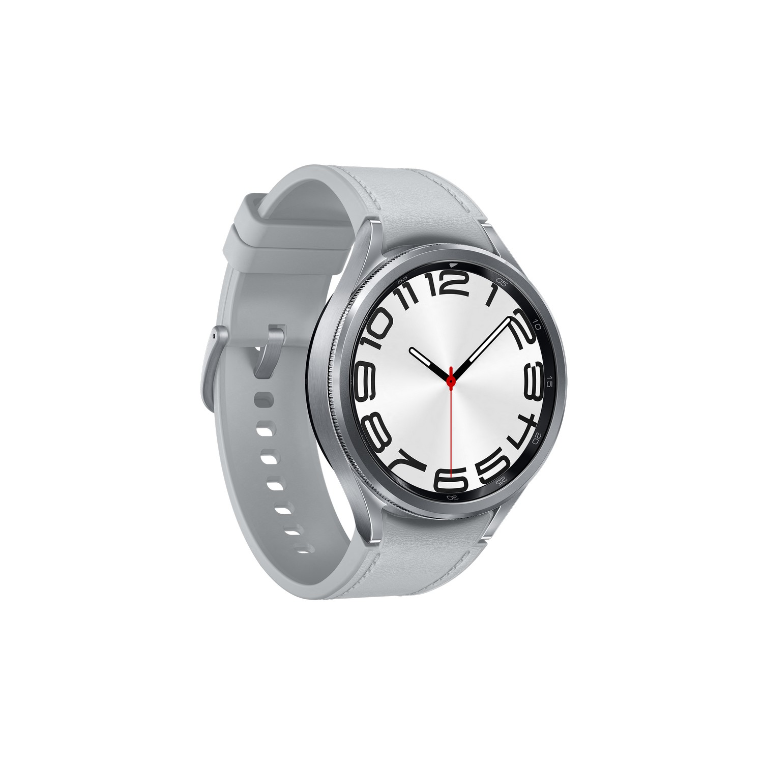 A silver smartwatch with a white watch face and a gray strap.