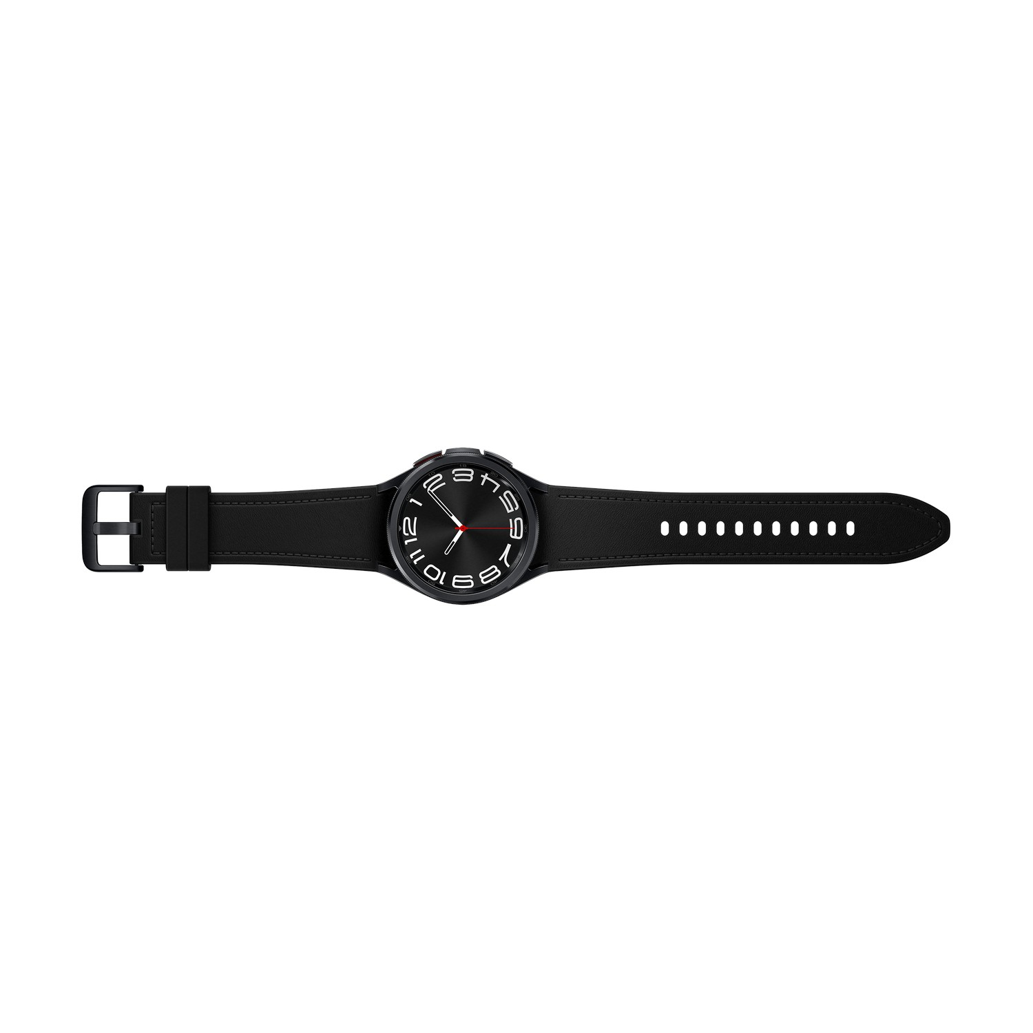 Black smartwatch with a black strap. The watch face shows numbers and a red center.