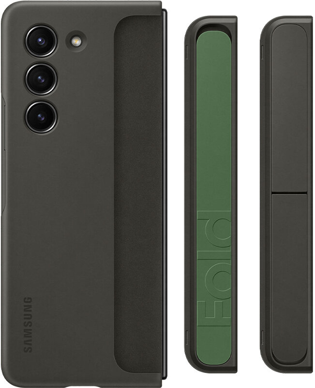 Ciemnoszare etui na telefon ze złożonym telefonem w środku i dwiema oddzielnymi częściami telefonu, wewnątrz zielone.