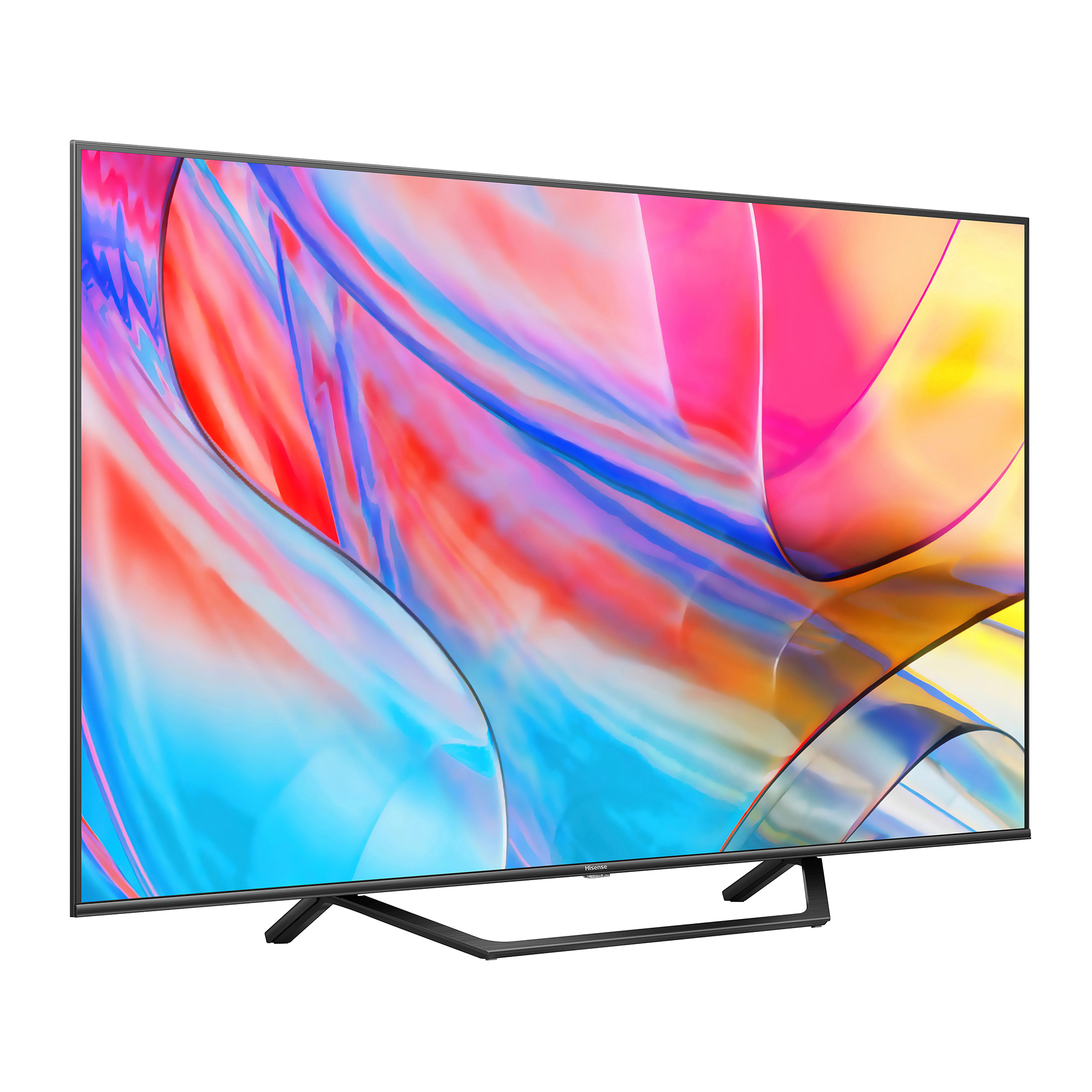 Una pantalla de TV grande muestra arte abstracto colorido. La pantalla tiene marco negro y base negra.