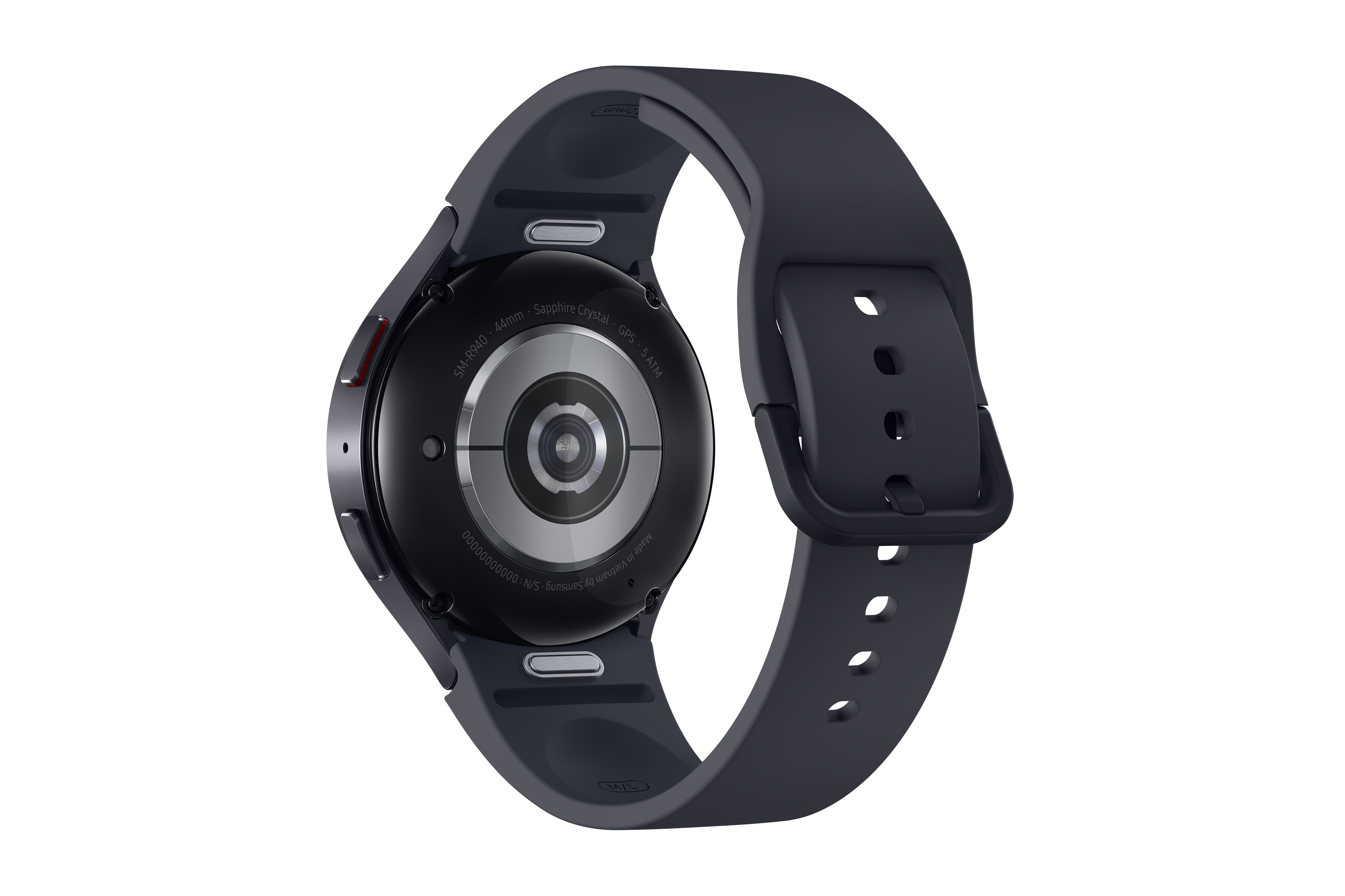 Ciemnoszary smartwatch z ramką i czarnym paskiem, tył pokazuje czujniki. SM-R940.