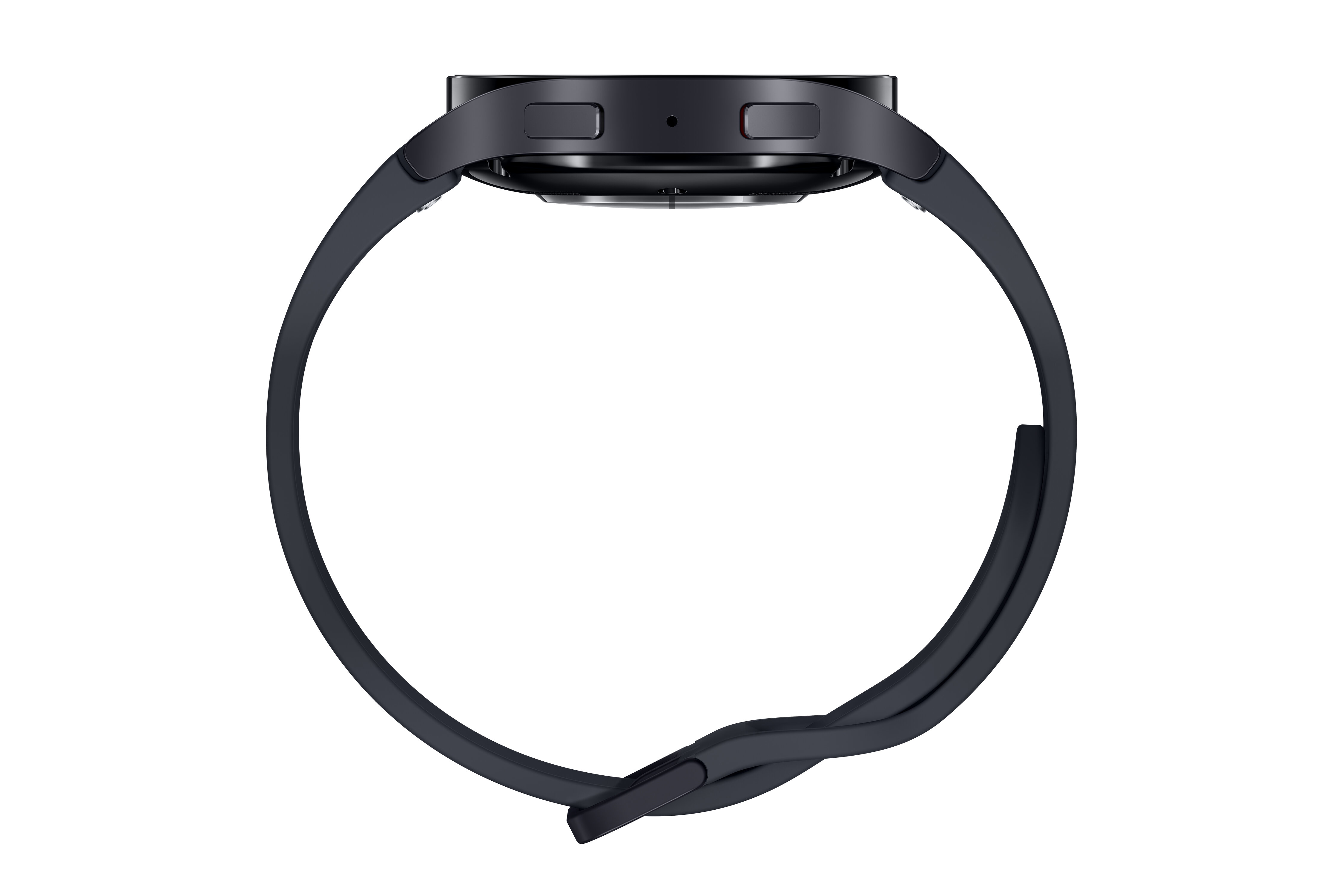 Czarny smartwatch z paskiem, pokazany z boku.