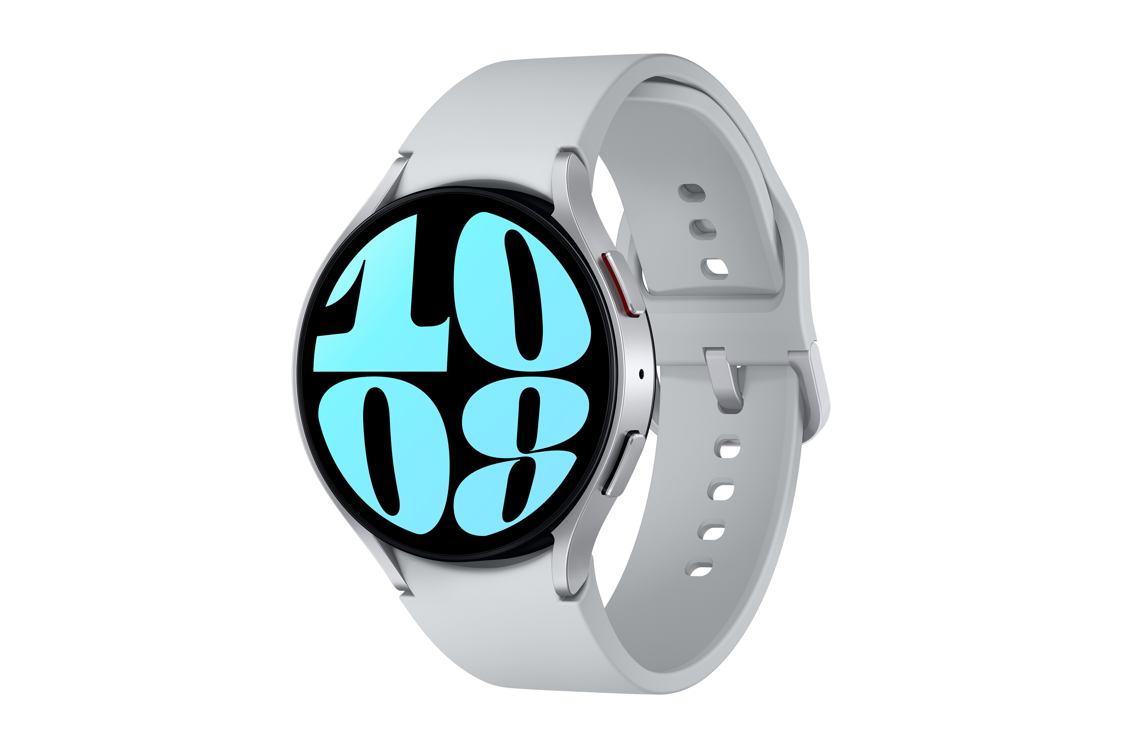 Szary smartwatch z jasnoniebieskim cyfrowym wyświetlaczem pokazuje 10:08.