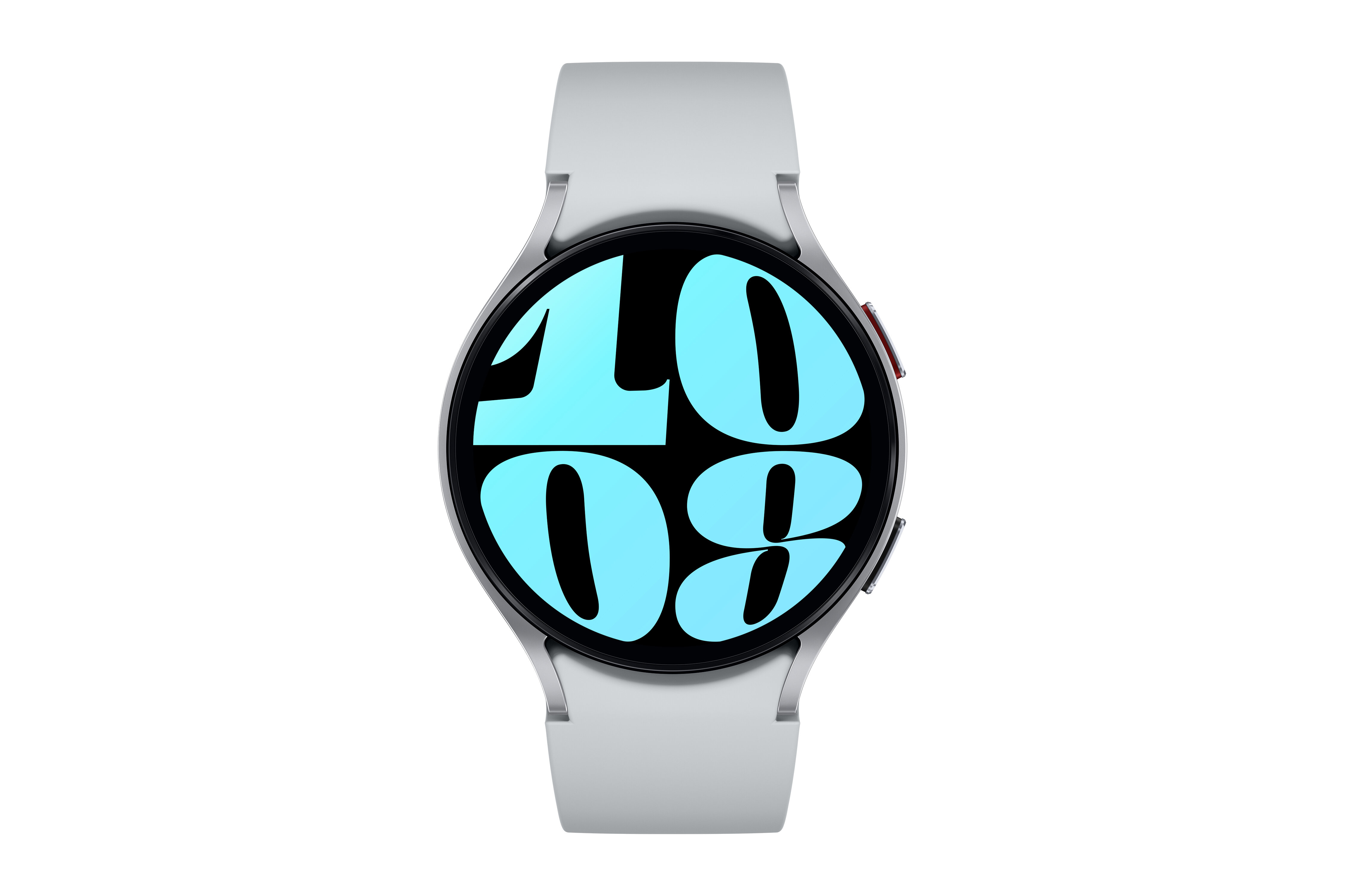 Szary smartwatch z niebieskim cyfrowym wyświetlaczem pokazuje 10:08.
