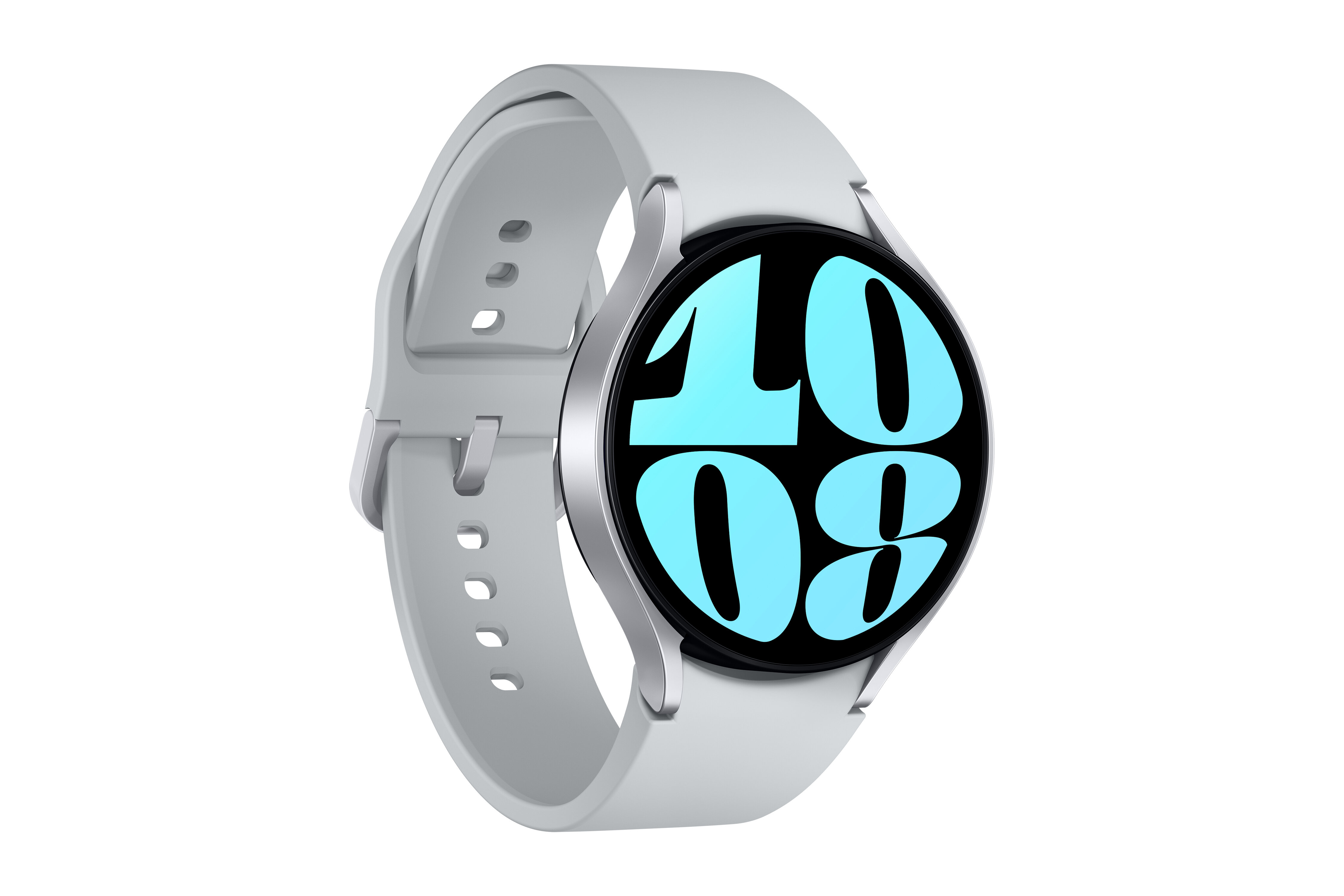 Jasnoszary smartwatch z niebieskimi cyframi na wyświetlaczu.