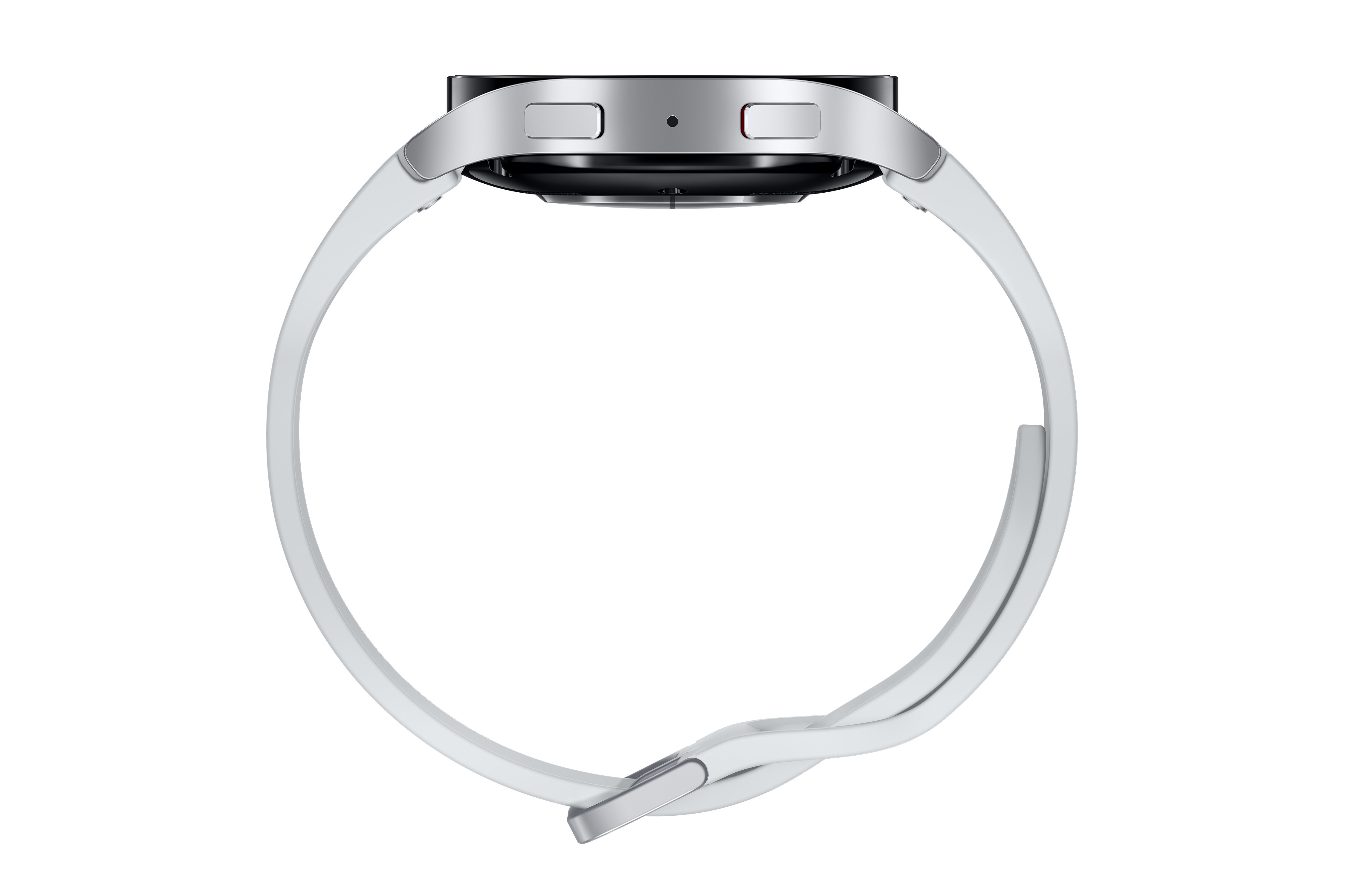 Srebrny smartwatch z białym paskiem, widok z boku z przyciskami.