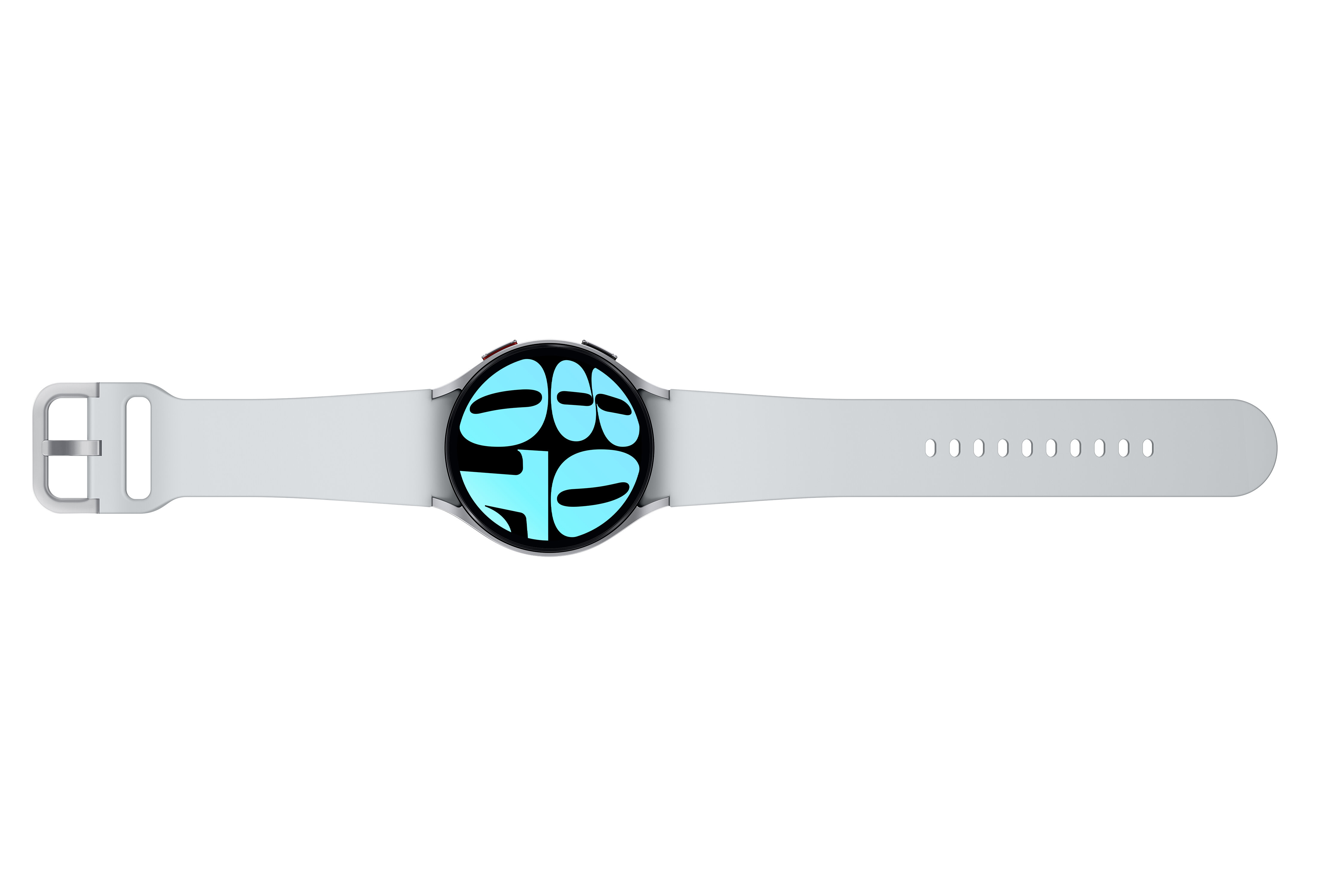 Srebrny smartwatch z niebieskim cyfrowym wyświetlaczem i białym paskiem.