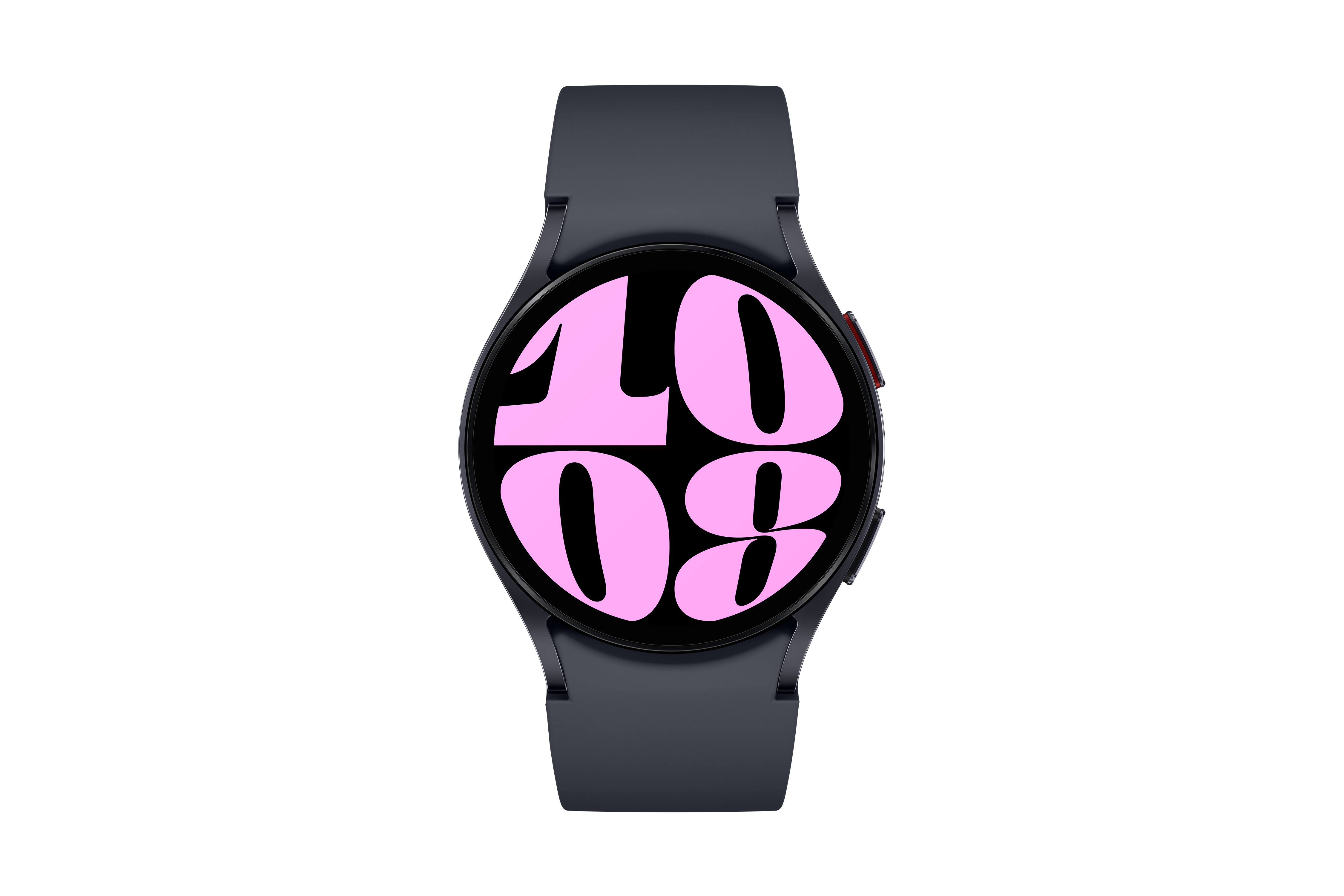 Czarny smartwatch wyświetla godzinę 10:08 na czarnym ekranie. Zegarek ma ciemnoszary pasek i czerwony przycisk.
