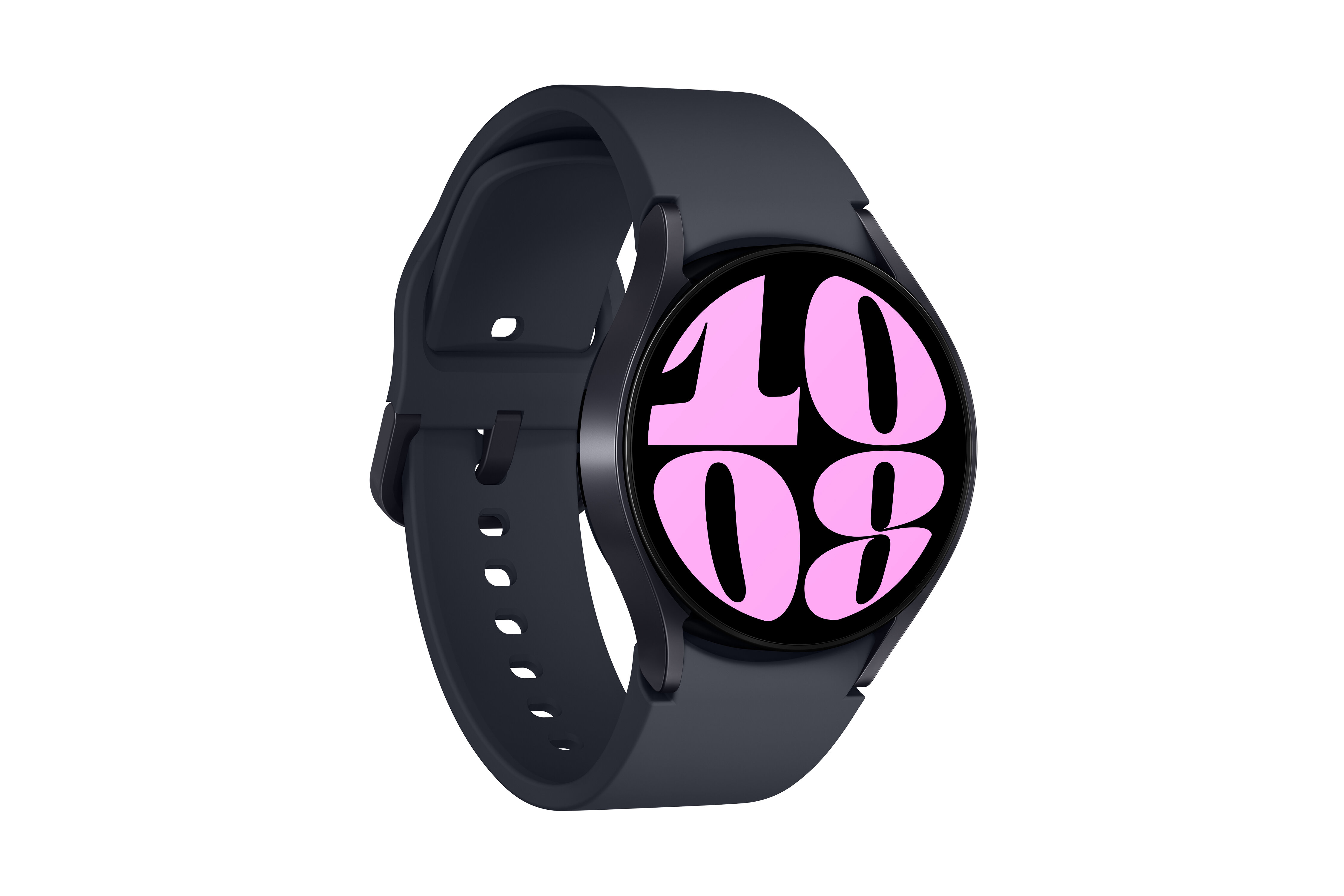 Ciemnoszary smartwatch wyświetla godzinę '10:08' na różowo na czarnym ekranie. Zegarek ma ciemnoszary pasek.