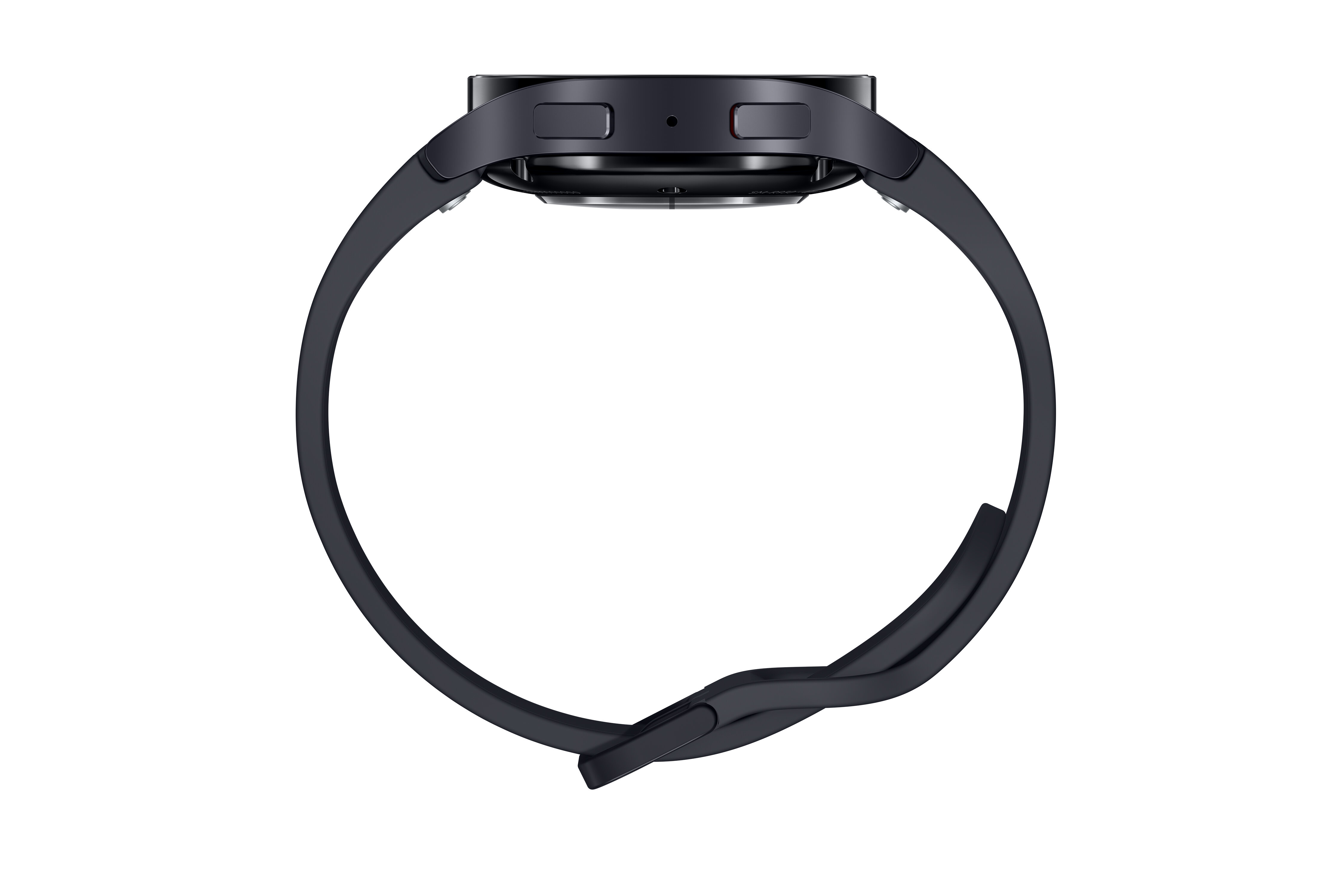 Czarny smartwatch z zakrzywionym paskiem. Tarcza zegarka ma przyciski i czujniki. Tło jest białe.