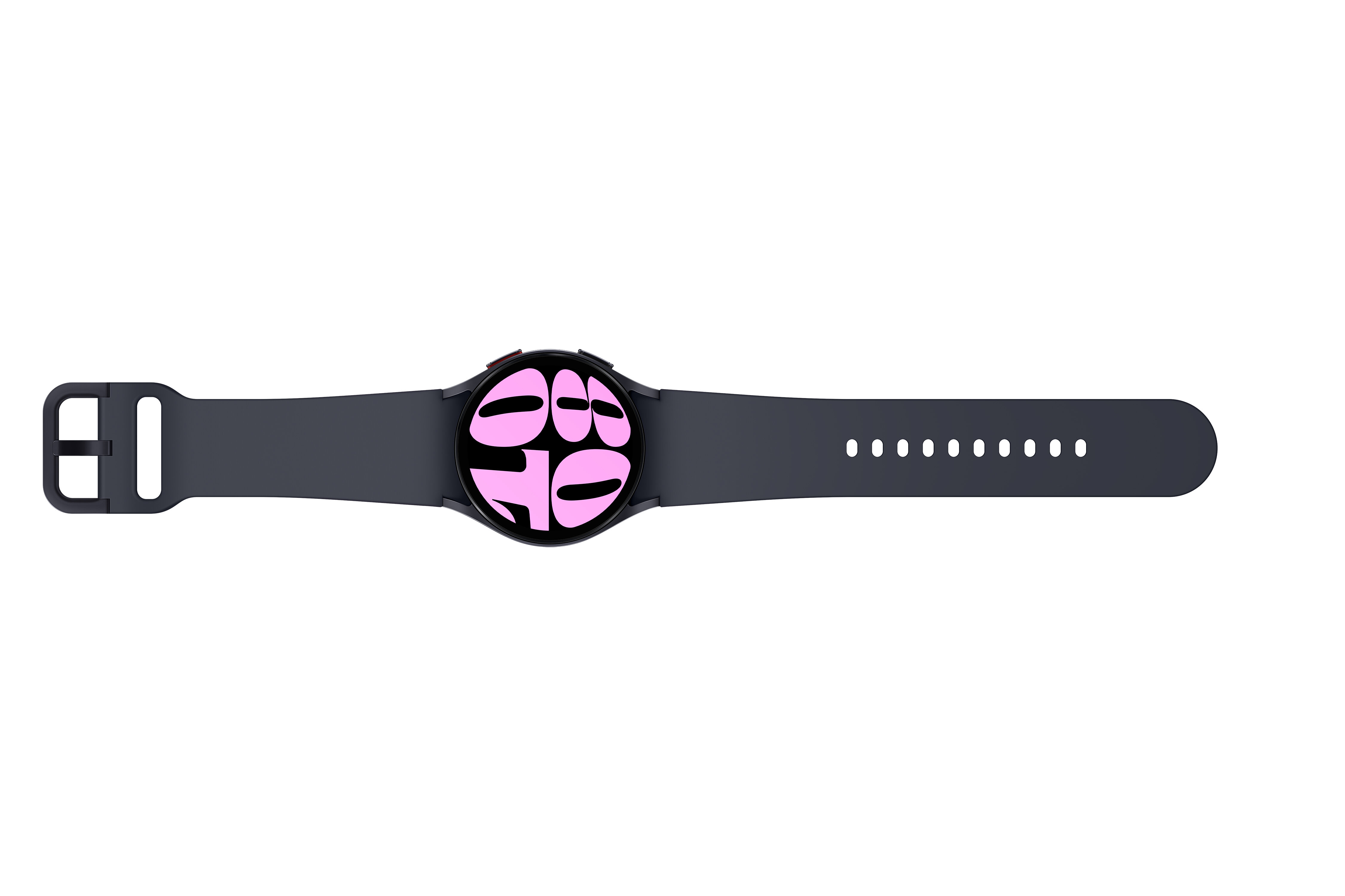 Ciemnoszary smartwatch z różowym wyświetlaczem. Pasek jest połączony i ma otwory. Tło jest białe.