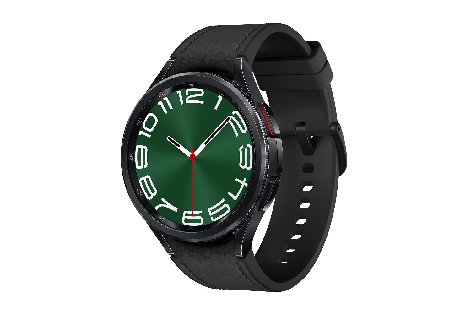 Czarny smartwatch z zieloną tarczą i białymi cyframi, czarny pasek.