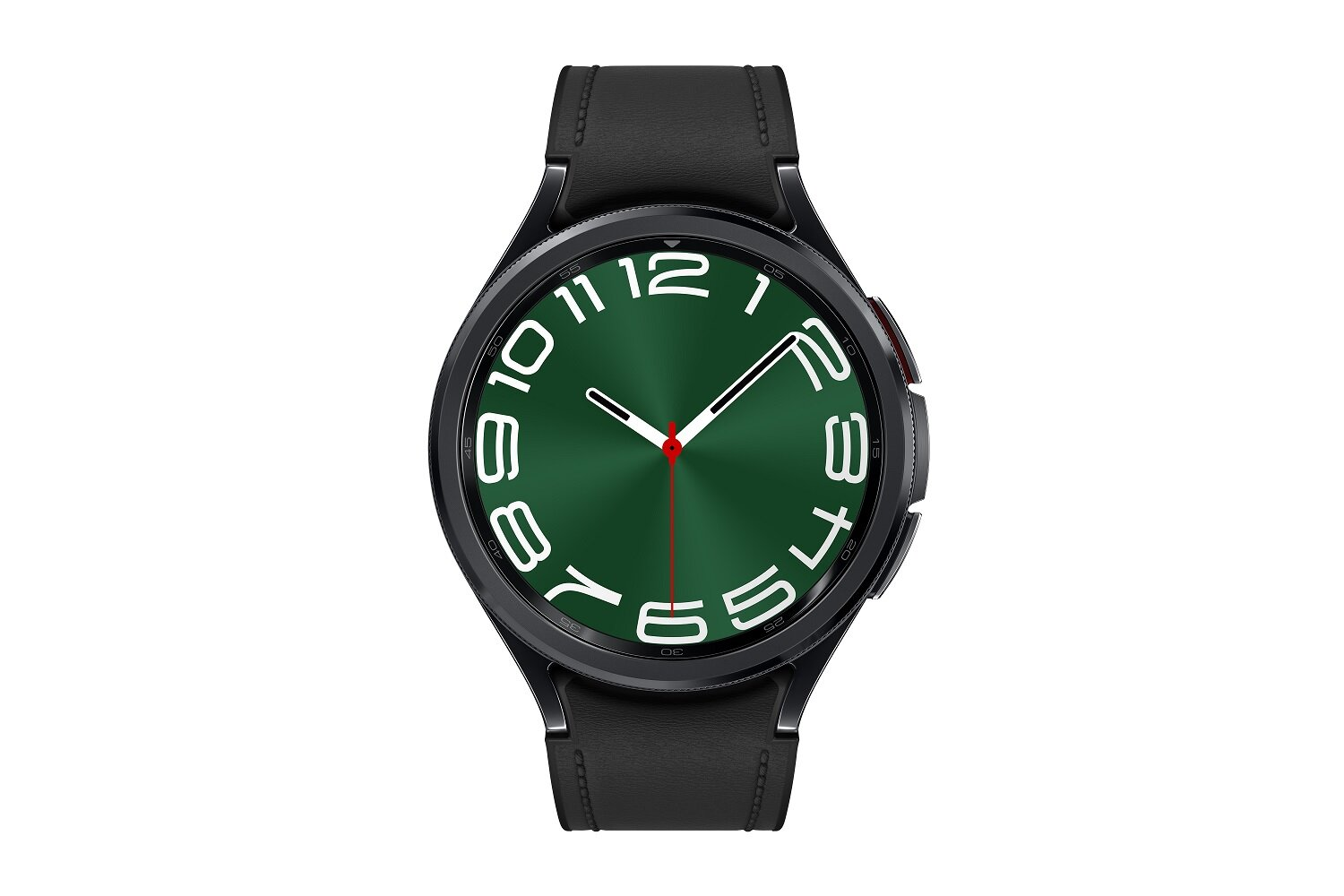 Czarny smartwatch z zieloną tarczą i białymi cyframi. Czarny skórzany pasek.