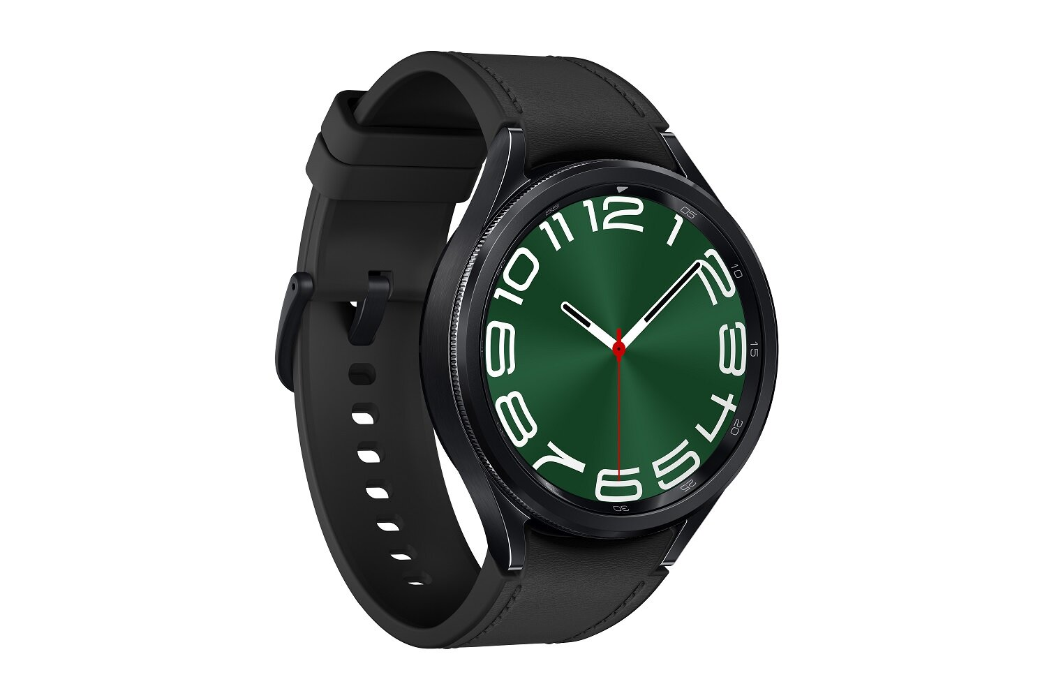 Czarny smartwatch z zieloną tarczą, czarnym paskiem. Białe cyfry, srebrne wskazówki. Na białym tle.