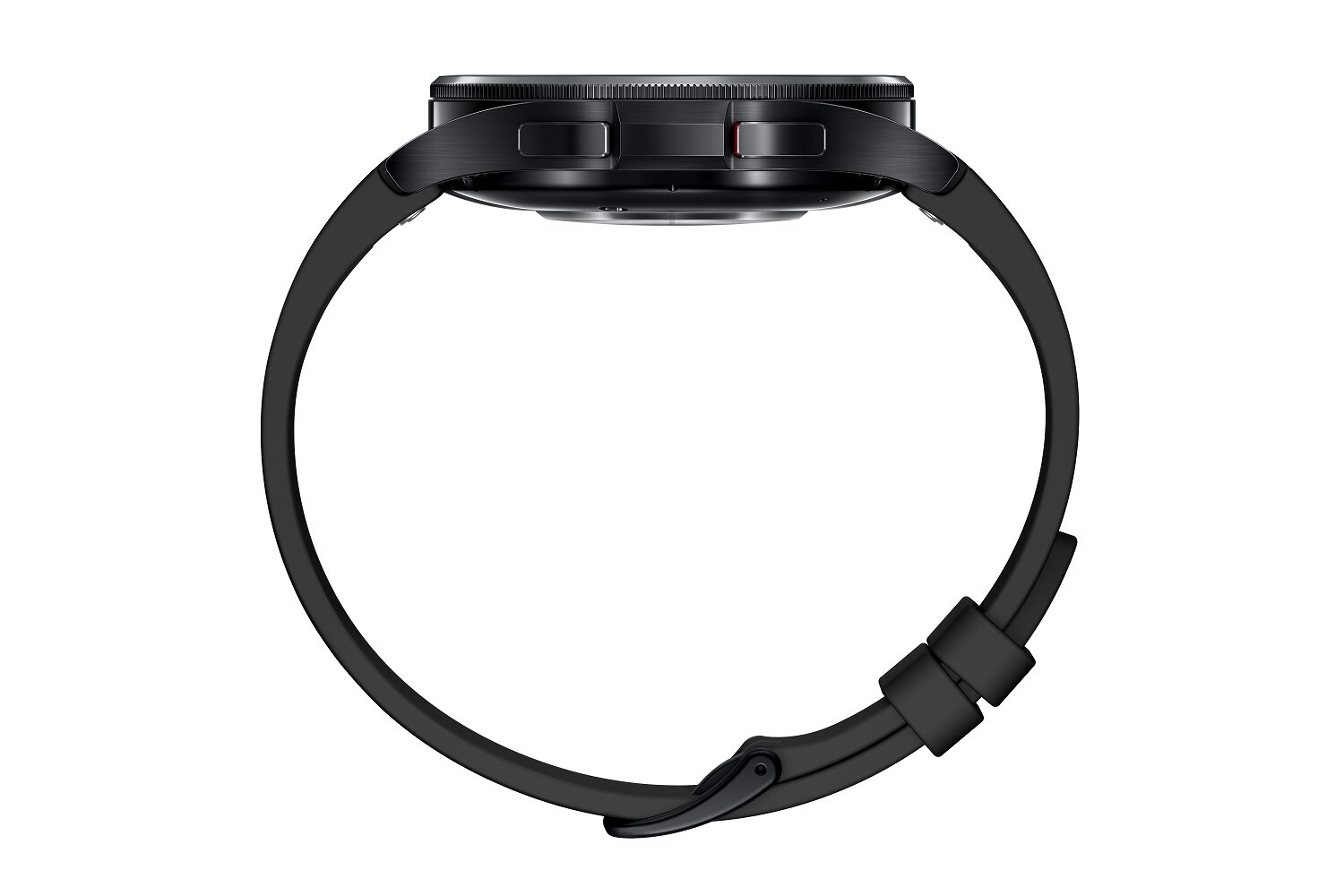 Czarny smartwatch z czarnym paskiem. Jest to widok z boku, skierowany w stronę górnej części zegarka.
