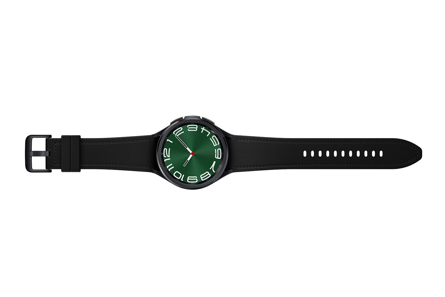 Czarny smartwatch z zieloną tarczą i czarnym paskiem.