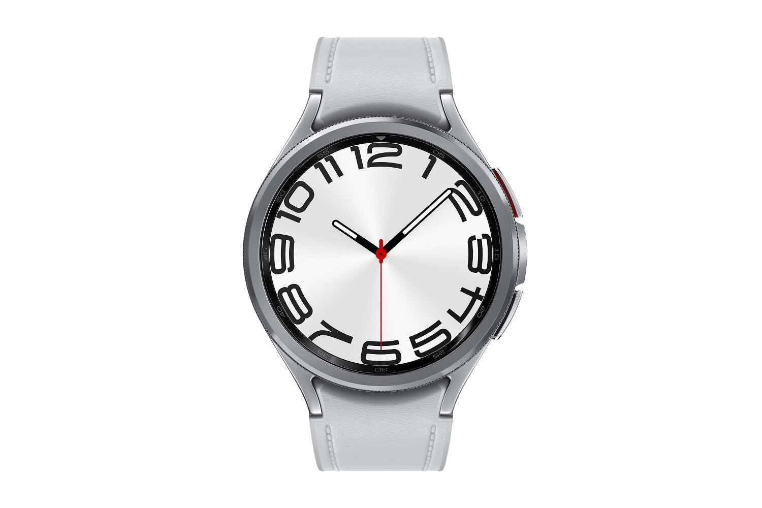 Srebrny smartwatch z białym paskiem. Tarcza wyświetla cyfry i wskazówki.