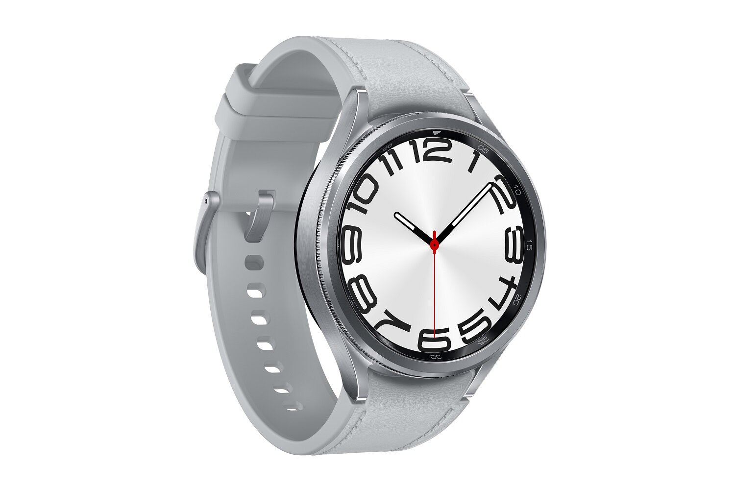 Srebrny smartwatch z białą tarczą i szarym paskiem. Tarcza pokazuje czarne cyfry i czerwoną wskazówkę sekundową.
