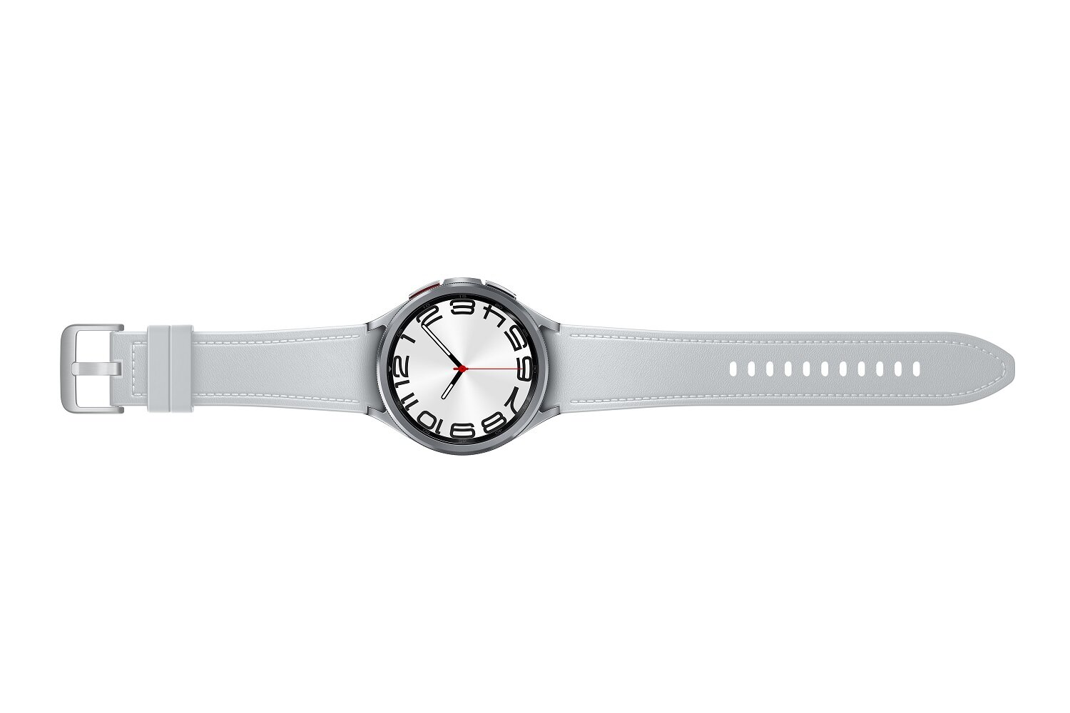 Smartwatch z jasnoszarym paskiem, srebrną kopertą i białą tarczą, na białym tle.