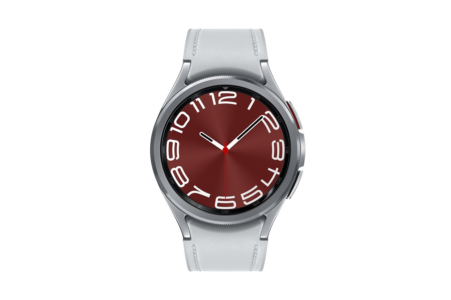 Srebrny smartwatch z bordową tarczą i białym paskiem.