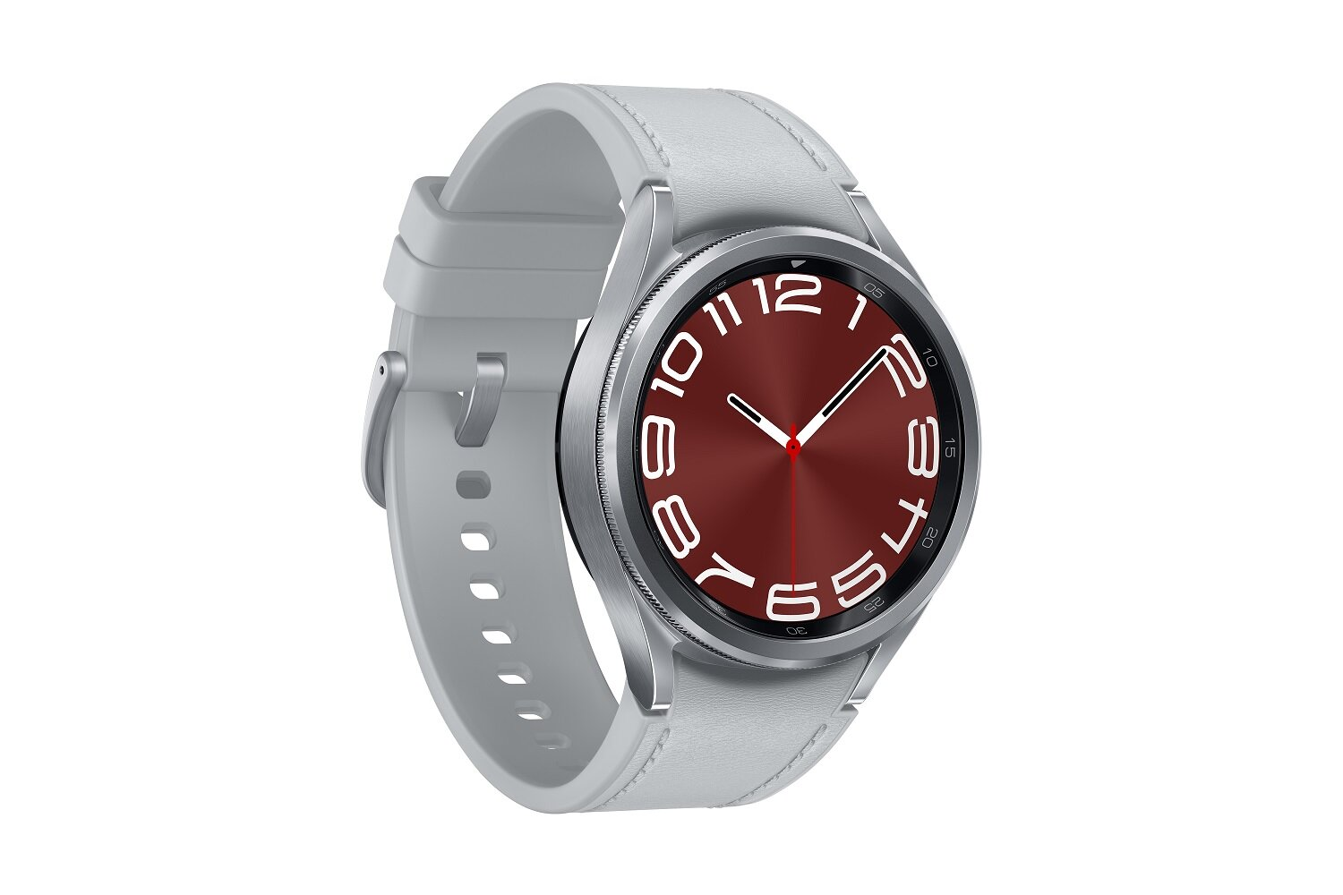 Srebrny smartwatch z białym paskiem. Tarcza w kolorze bordowym z białymi cyframi.