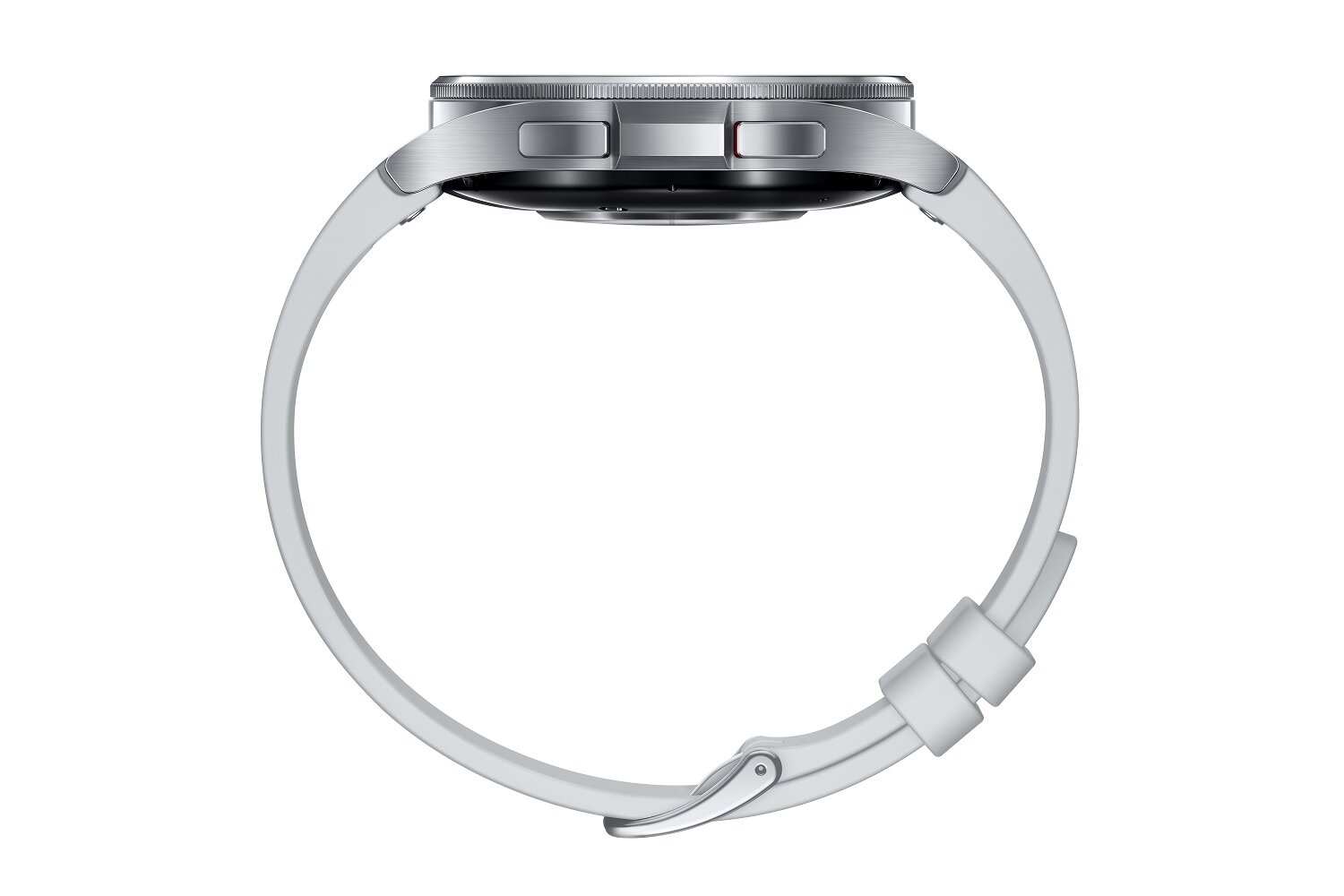 Widok z boku srebrnego smartwatcha z białym paskiem, czarną tarczą i przyciskami.