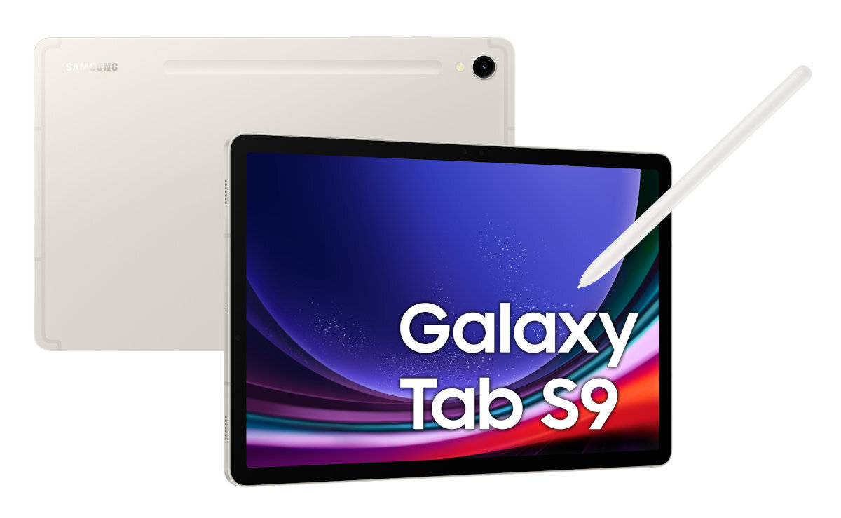 Tablet z rysikiem i widokiem z tyłu. Tekst Galaxy Tab S9, białe tło, kremowy tablet.