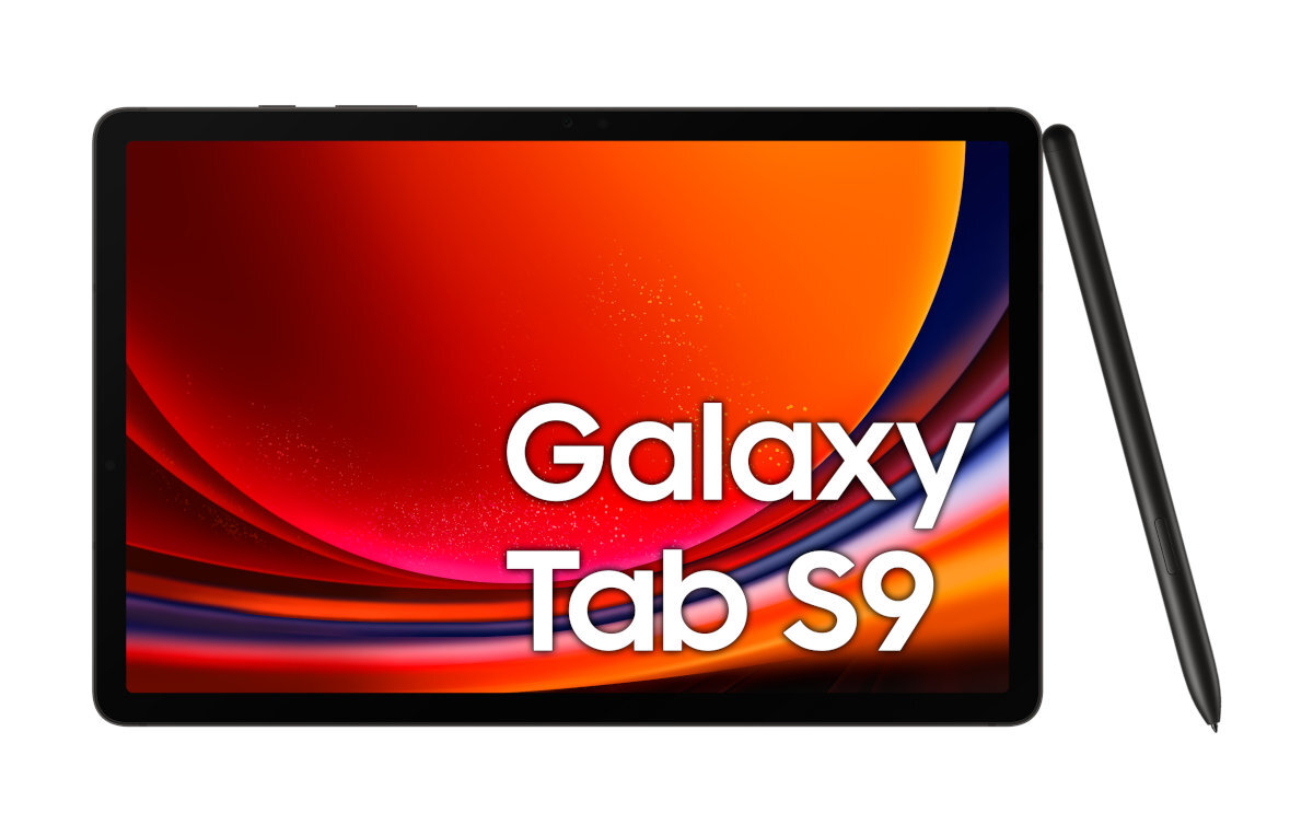 Tablet z tekstem Galaxy Tab S9 na ekranie i rysikiem.