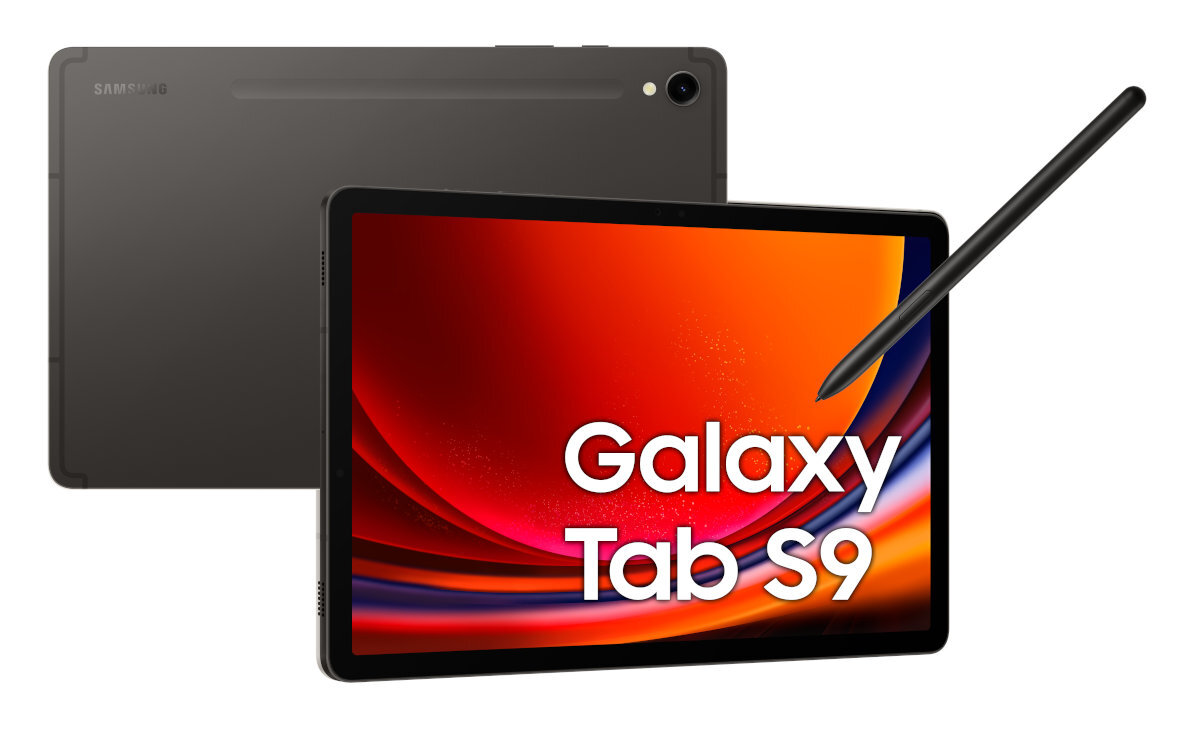 Tablet z czerwono-żółtym ekranem z napisem 'Galaxy Tab S9' i rysikiem.