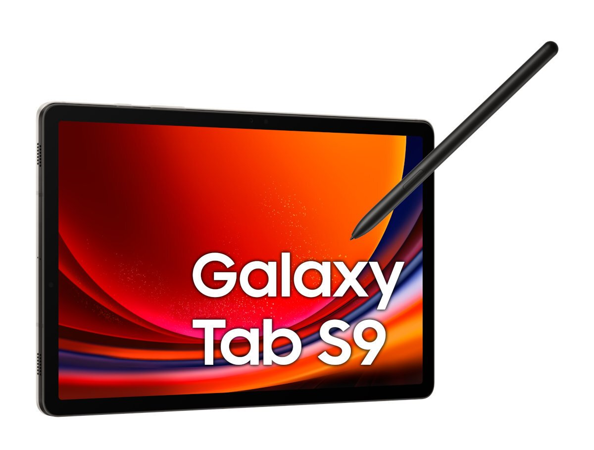 Tablet z tekstem 'Galaxy Tab S9' na ekranie. Rysik unosi się w powietrzu.