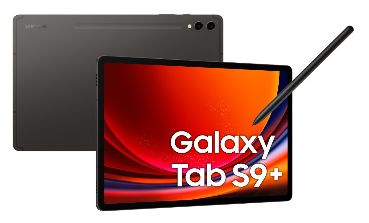 Tablet Samsung Galaxy Tab S9+ i rysik z przodu i z tyłu, na białym tle.