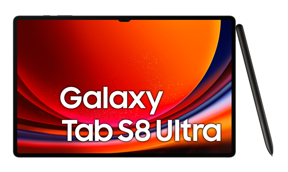 Tablet z kolorowym ekranem i rysikiem na białym tle. Napis: Galaxy Tab S8 Ultra.
