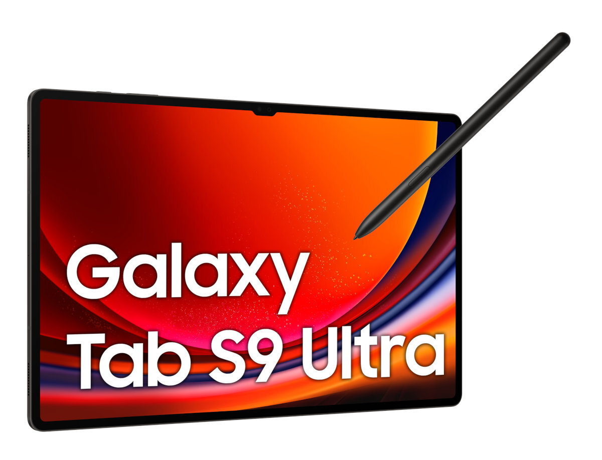 Tablet z rysikiem. Tekst Galaxy Tab S9 Ultra, czerwono-pomarańczowe tło, czarna ramka.