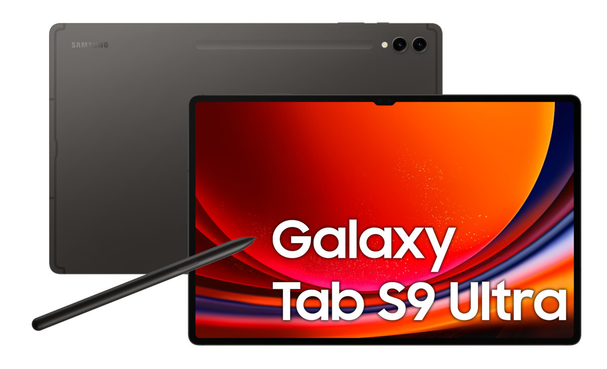 Tablet 'Galaxy Tab S9 Ultra' na białym tle, widok z tyłu i pióro.