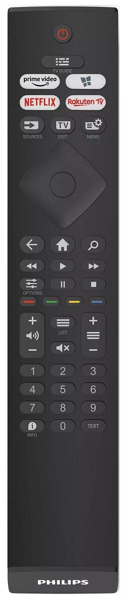 Czarny pilot do telewizora Philips. Przyciski obejmują zasilanie, Netflix, Prime Video, Rakuten TV, źródła i klawisze numeryczne.