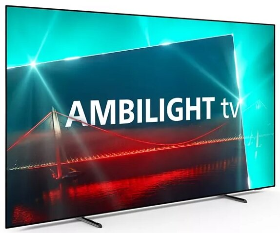 Telewizor Ambilight, widok pod kątem, z kolorowym wyświetlaczem. Białe tło.