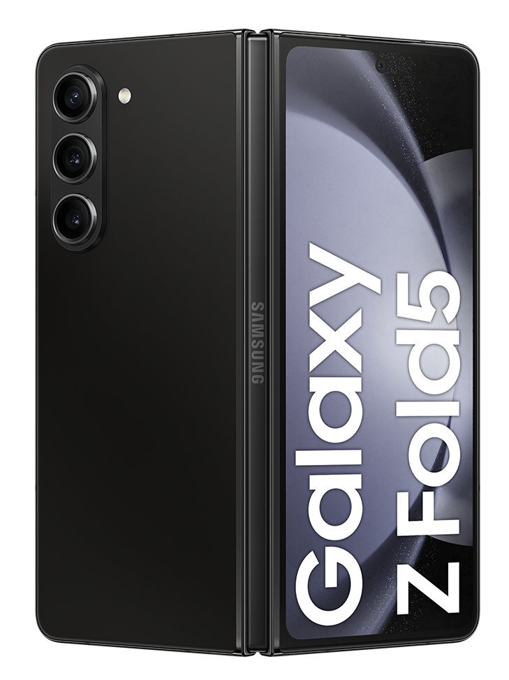 Czarny składany telefon na białym tle.