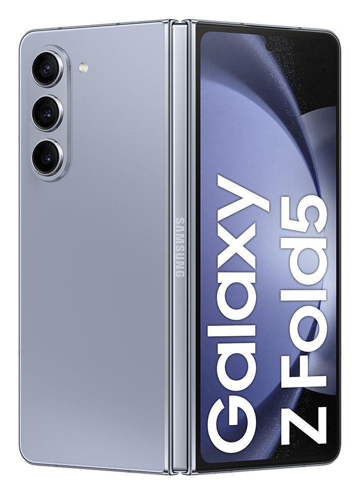 Składany telefon. Niebieski wygląd, pokazujący logo Samsung Galaxy Z Fold5 na zamkniętym telefonie.