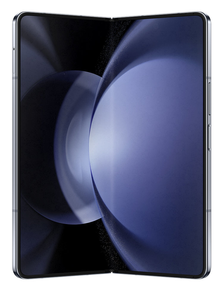 Częściowo otwarty telefon wyświetla ekran z żywą kolorystyką. Białe tło.