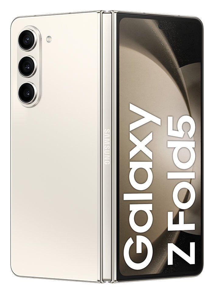 Złożony, kremowy Samsung Galaxy Z Fold5. Pokazuje zewnętrzny ekran i zestaw aparatów.
